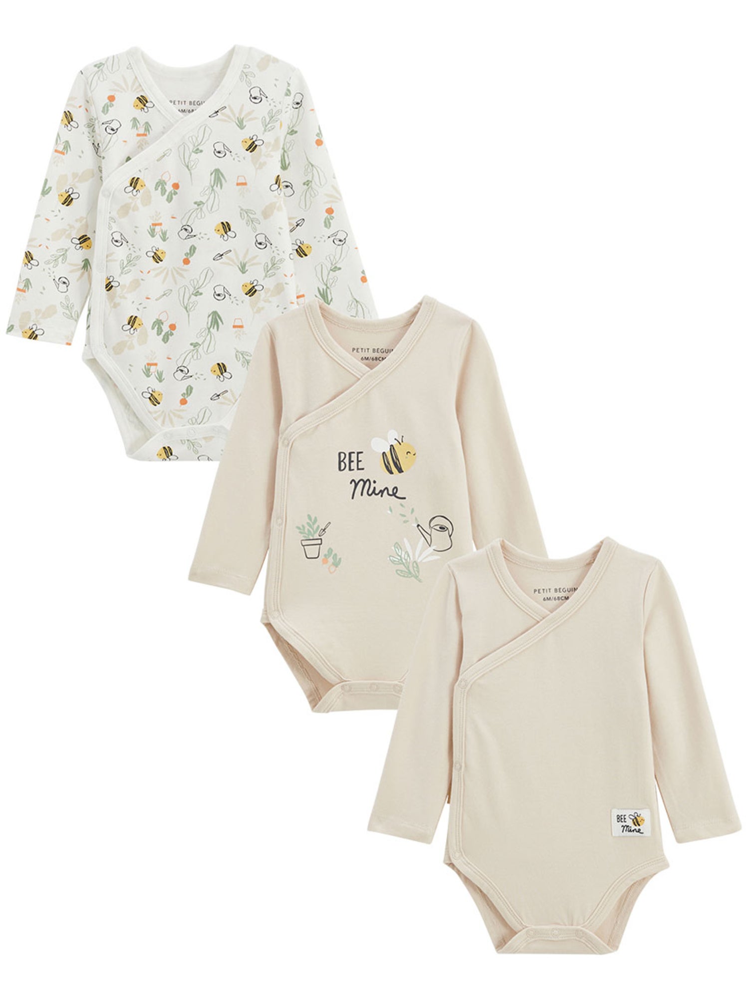 Lot de 3 bodies bébé manches longues ouverture croisée eden - Beige
