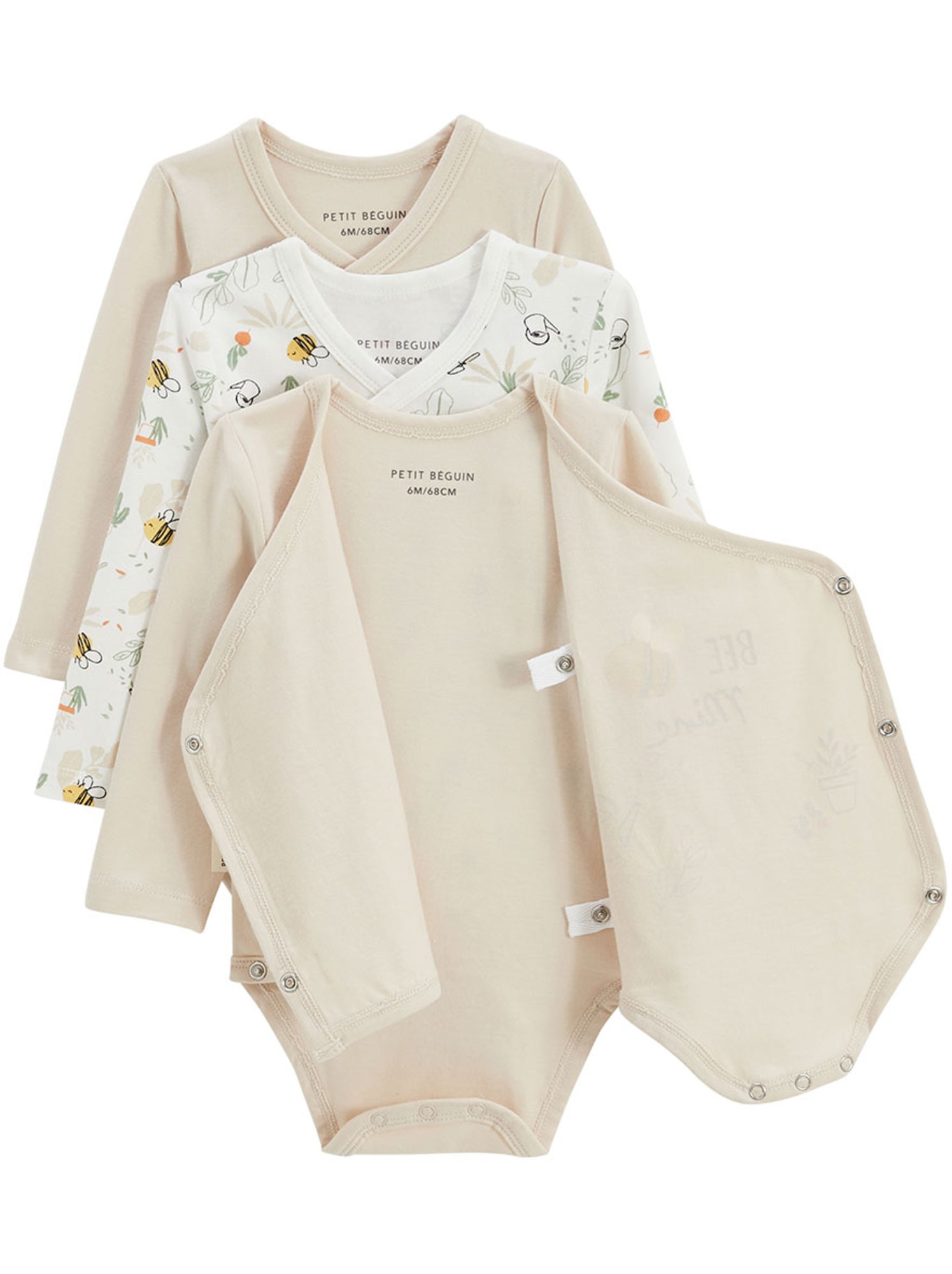 Lot de 3 bodies bébé manches longues ouverture croisée eden - Beige