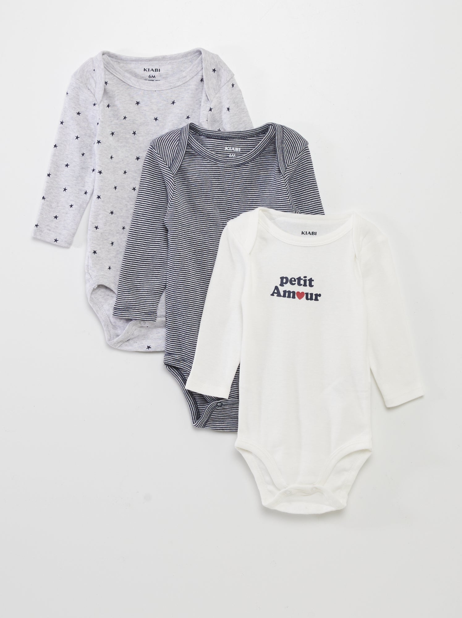 Lot de 3 bodies manches longues - Gris/blanc/bleu marine