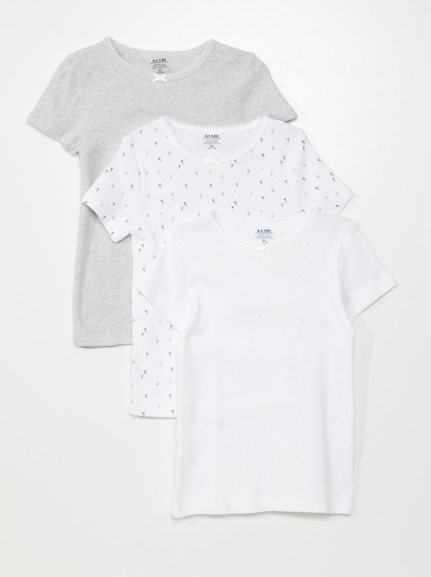 Lot de 3 t-shirts en maille pointelle - Blanc/gris