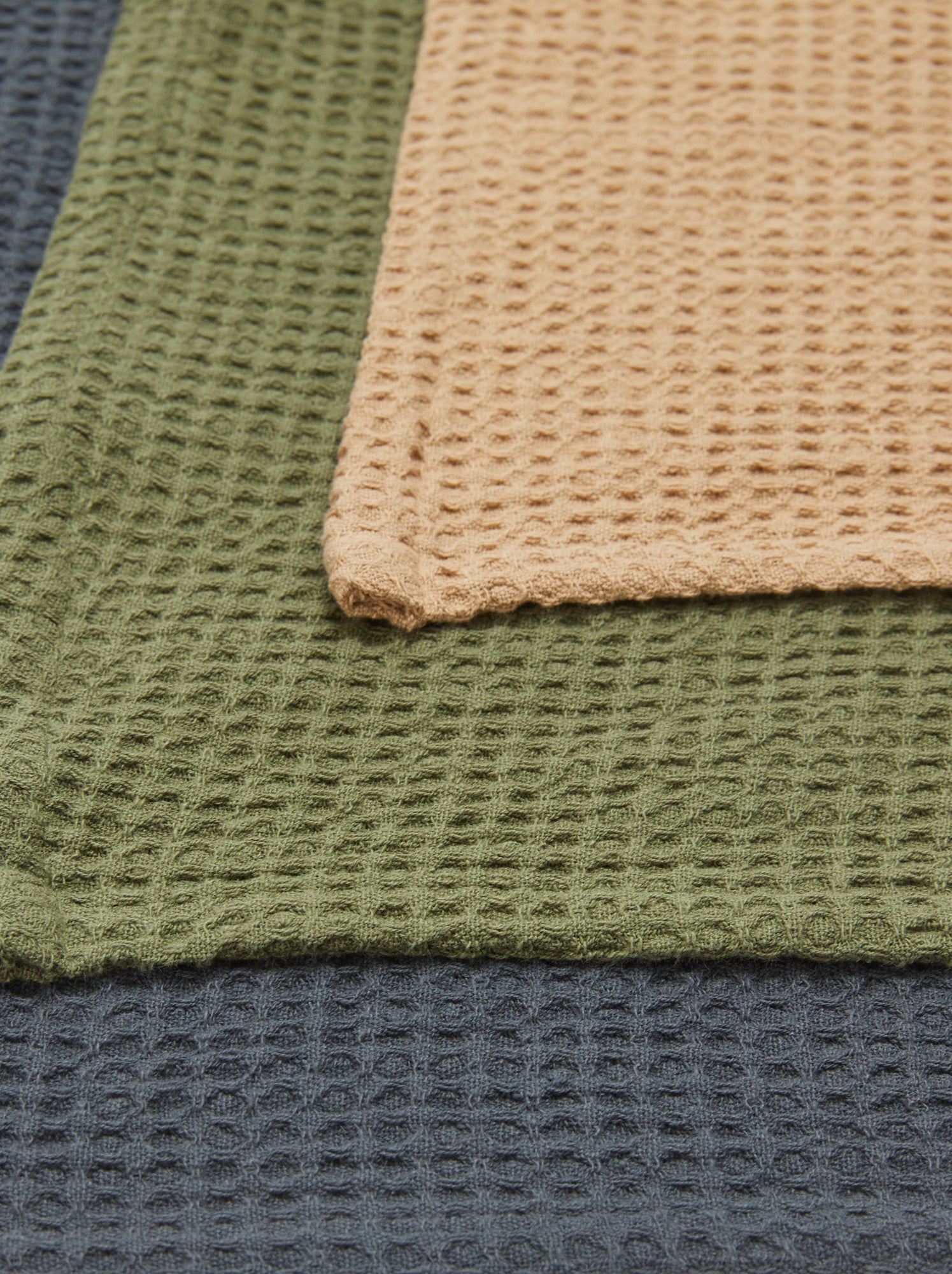 Lot de 3 torchons en nid d'abeilles - Vert/gris/beige