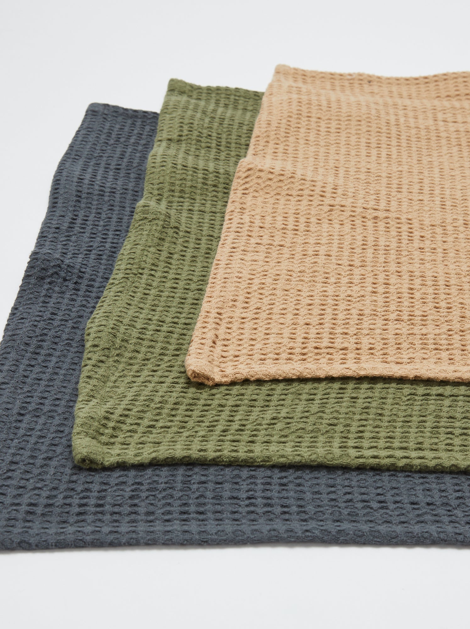 Lot de 3 torchons en nid d'abeilles - Vert/gris/beige
