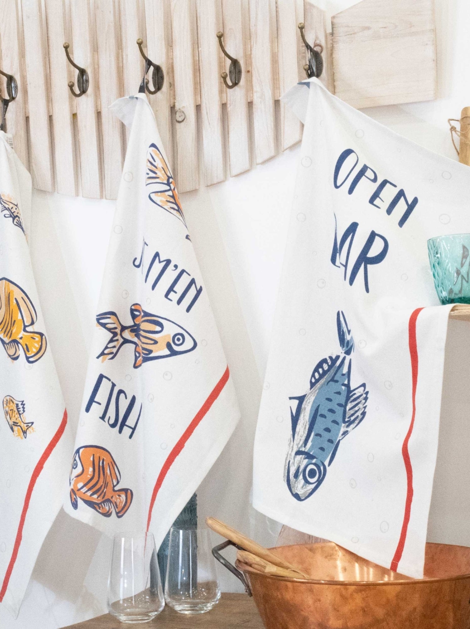 Lot de 3 torchons message poissons en coton - Ecru