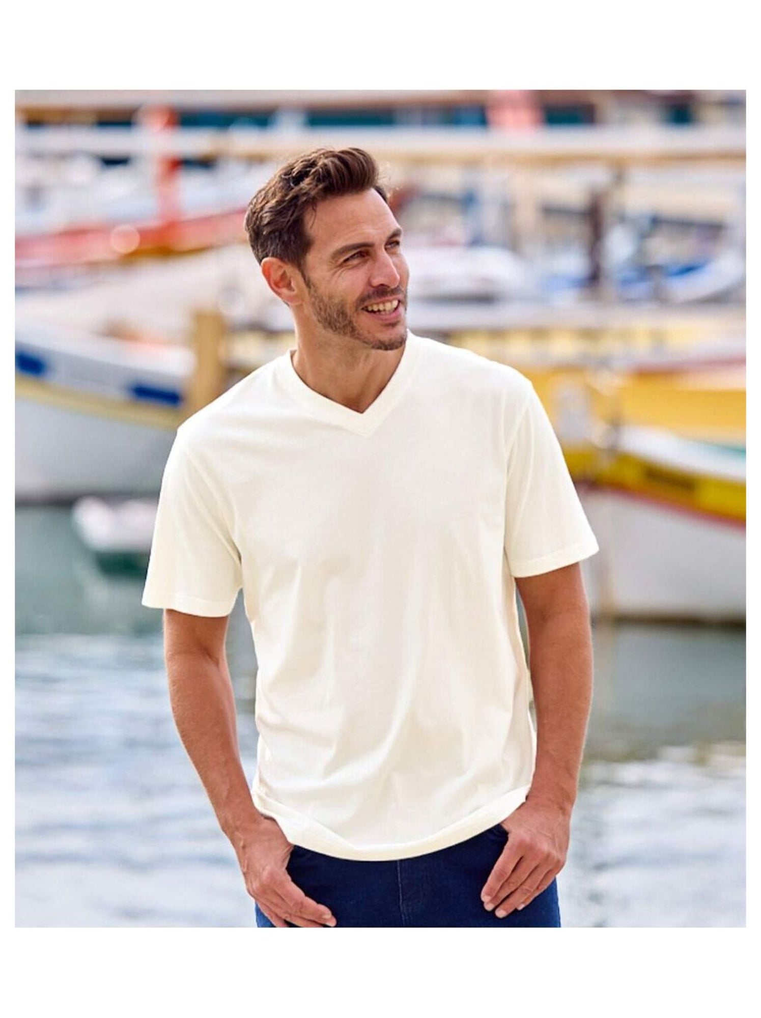 Lot de 4 Tee-Shirts Col V Unis  - ATLAS FOR MEN - Bleu Ecru