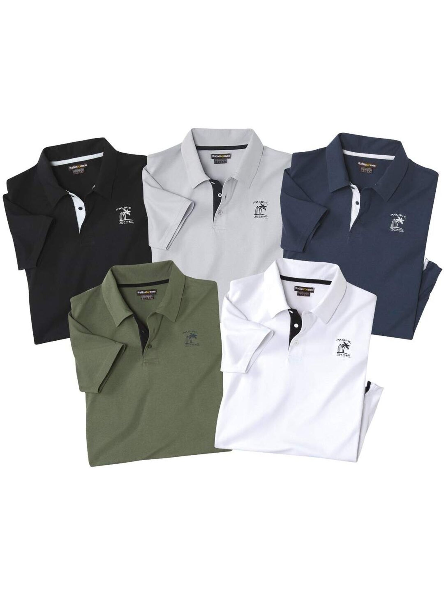 Lot de 5 Polos Pacific Island  - ATLAS FOR MEN - Blanc Gris Bleu