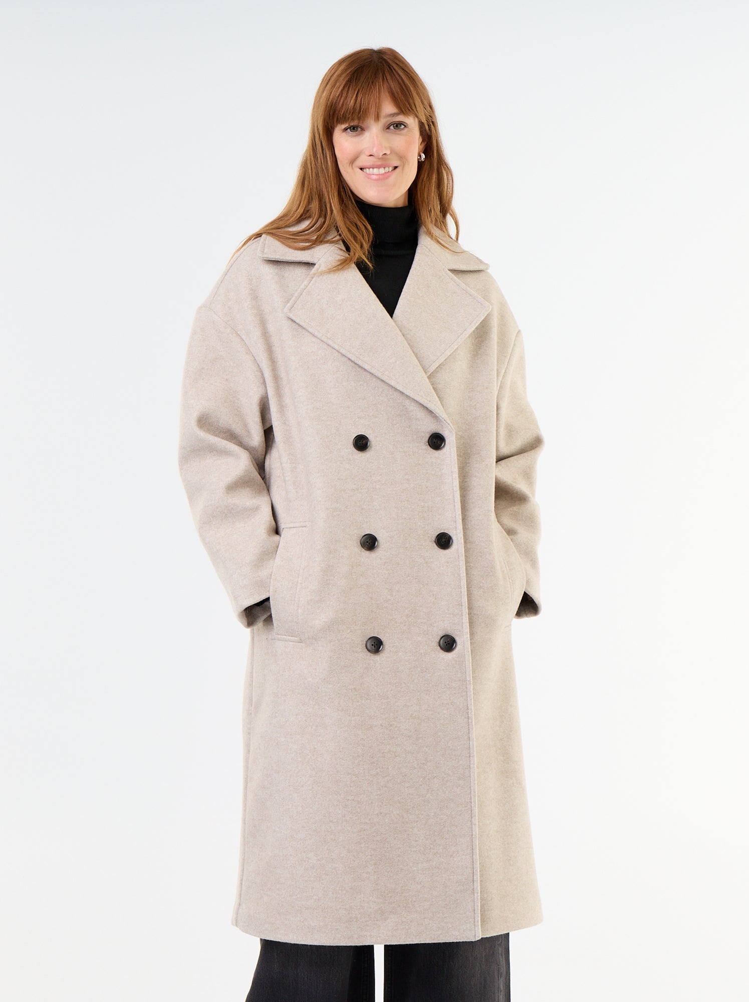 Manteau long effet lainage à col tailleur - Beige