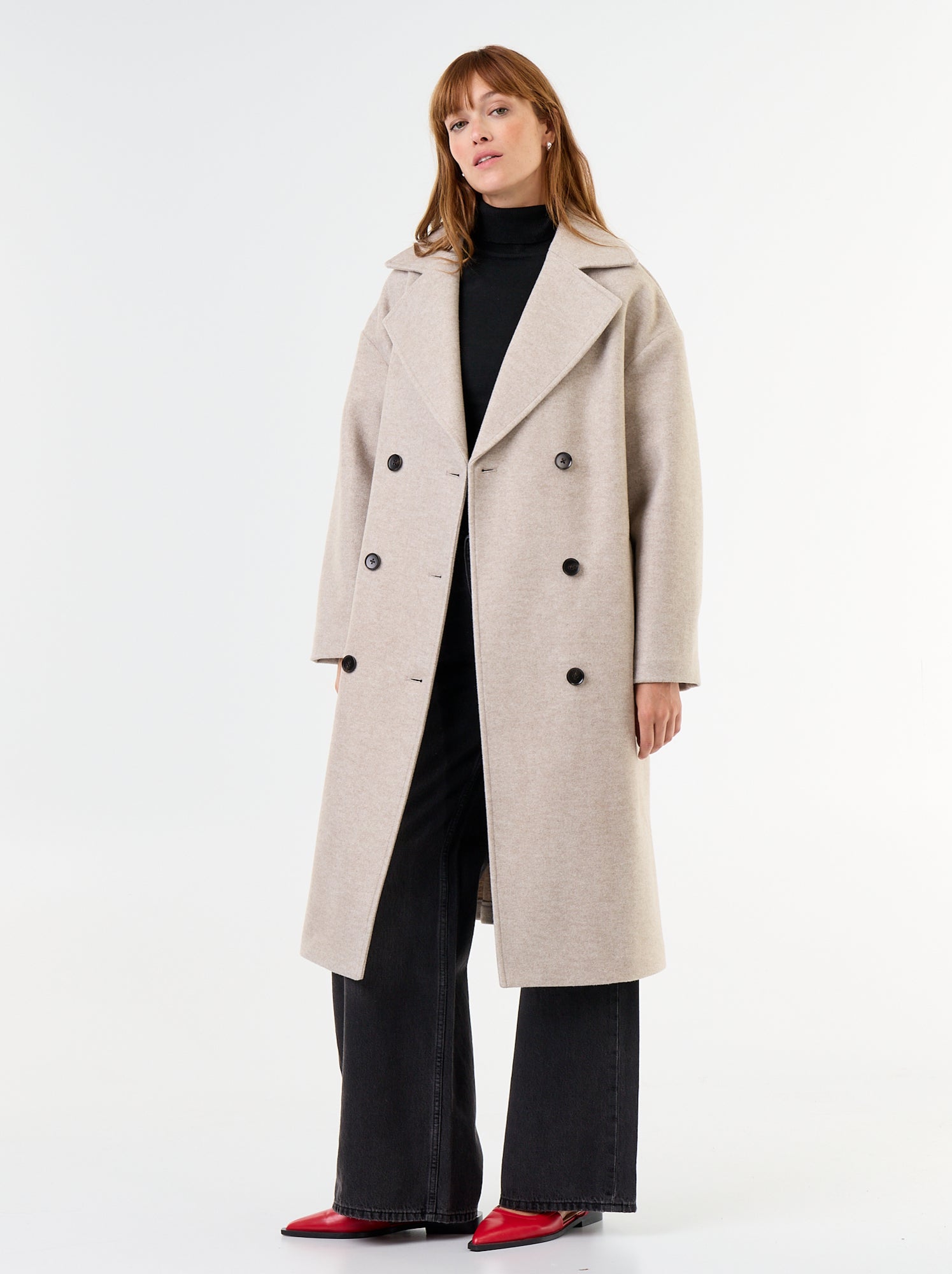 Manteau long effet lainage à col tailleur - Beige