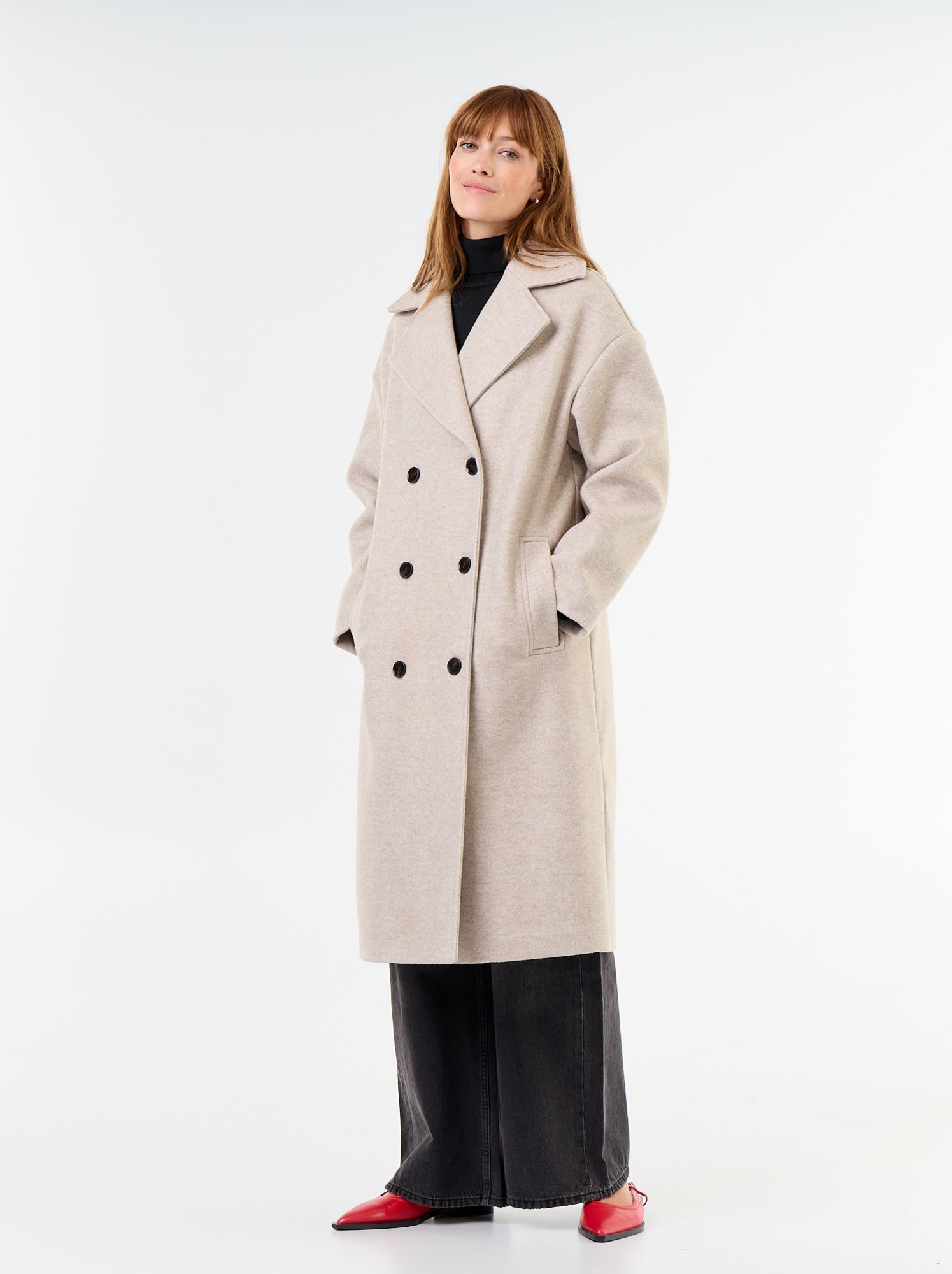 Manteau long effet lainage à col tailleur - Beige