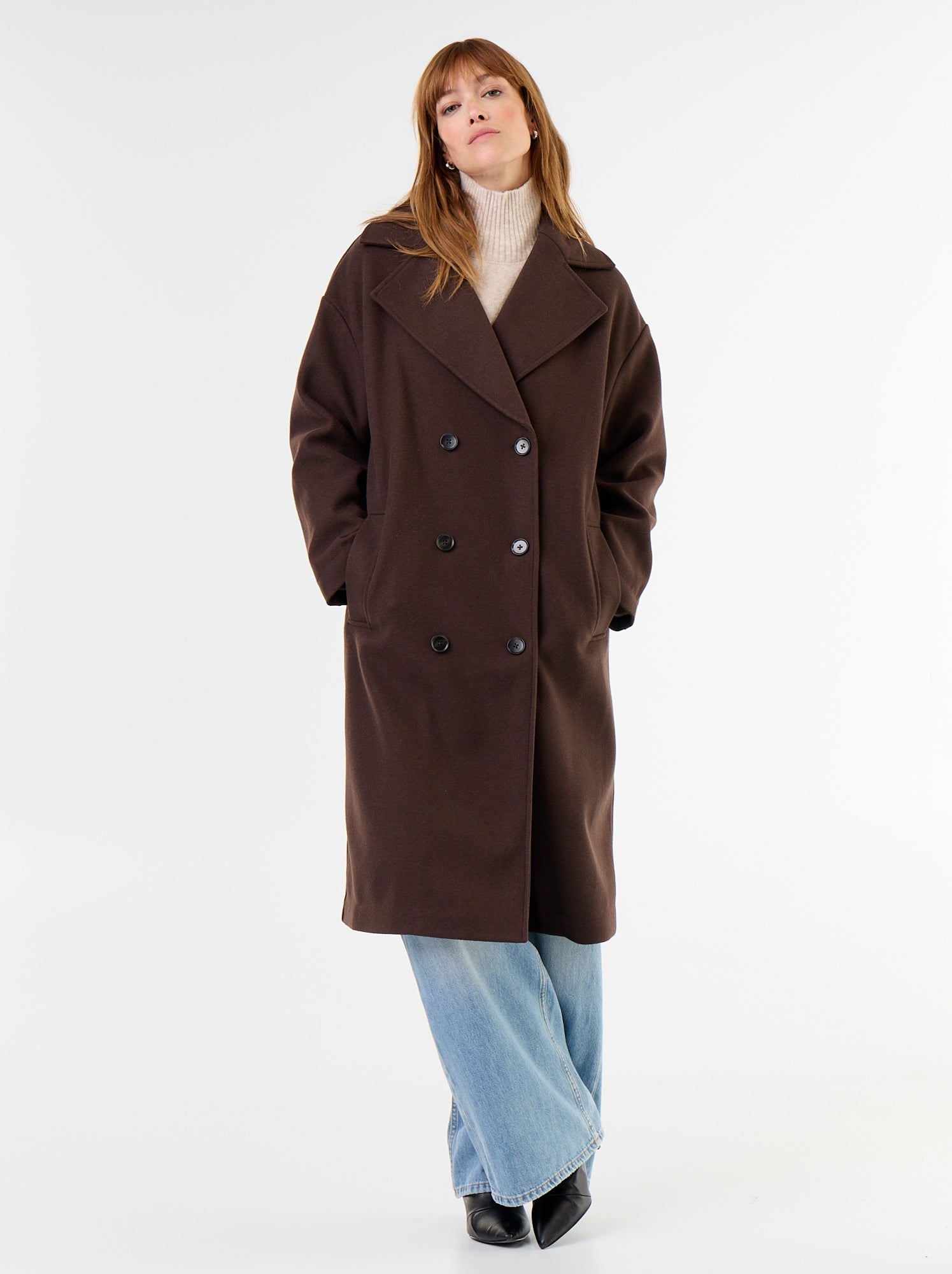 Manteau long effet lainage à col tailleur - Marron