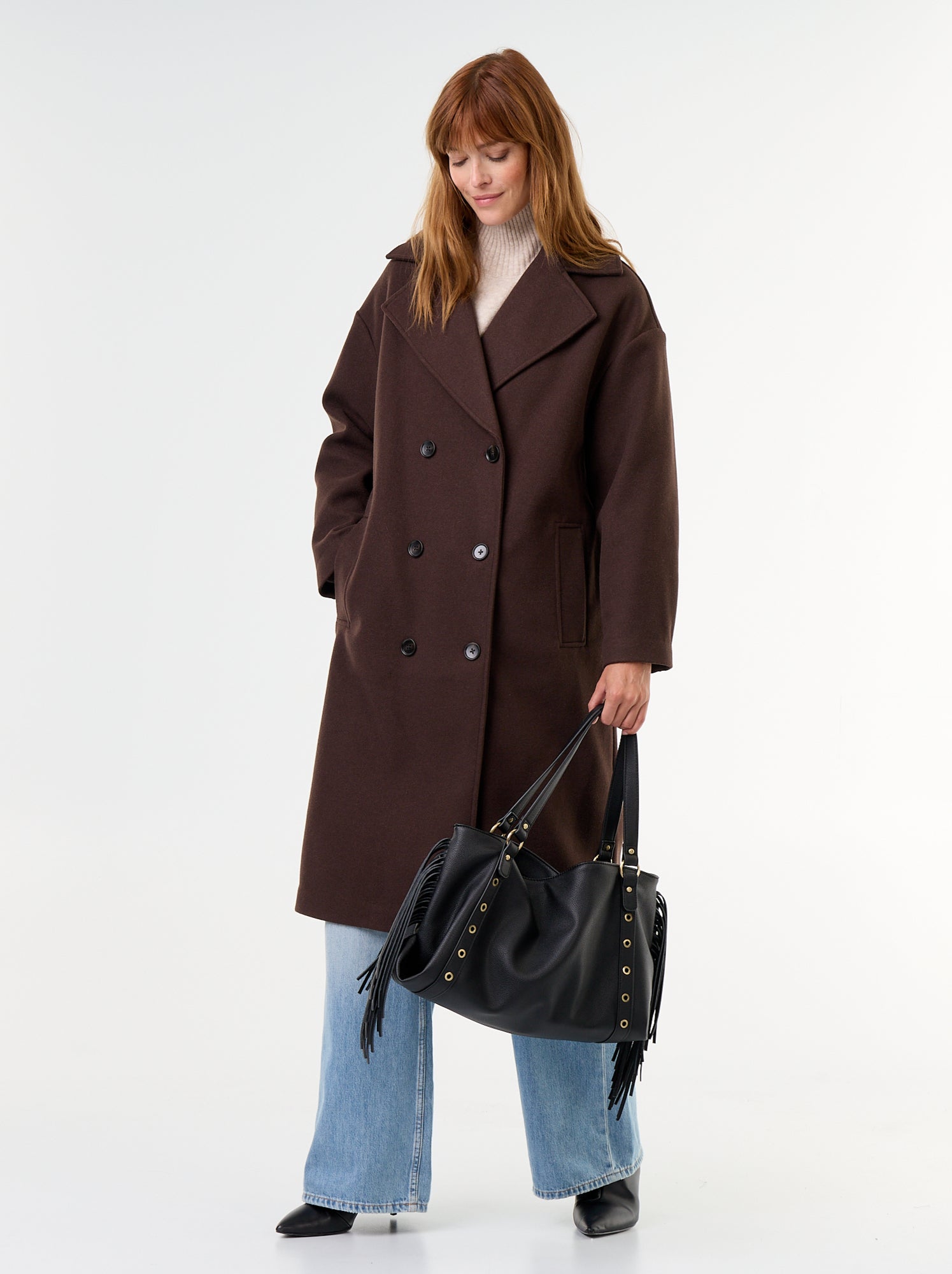 Manteau long effet lainage à col tailleur - Marron