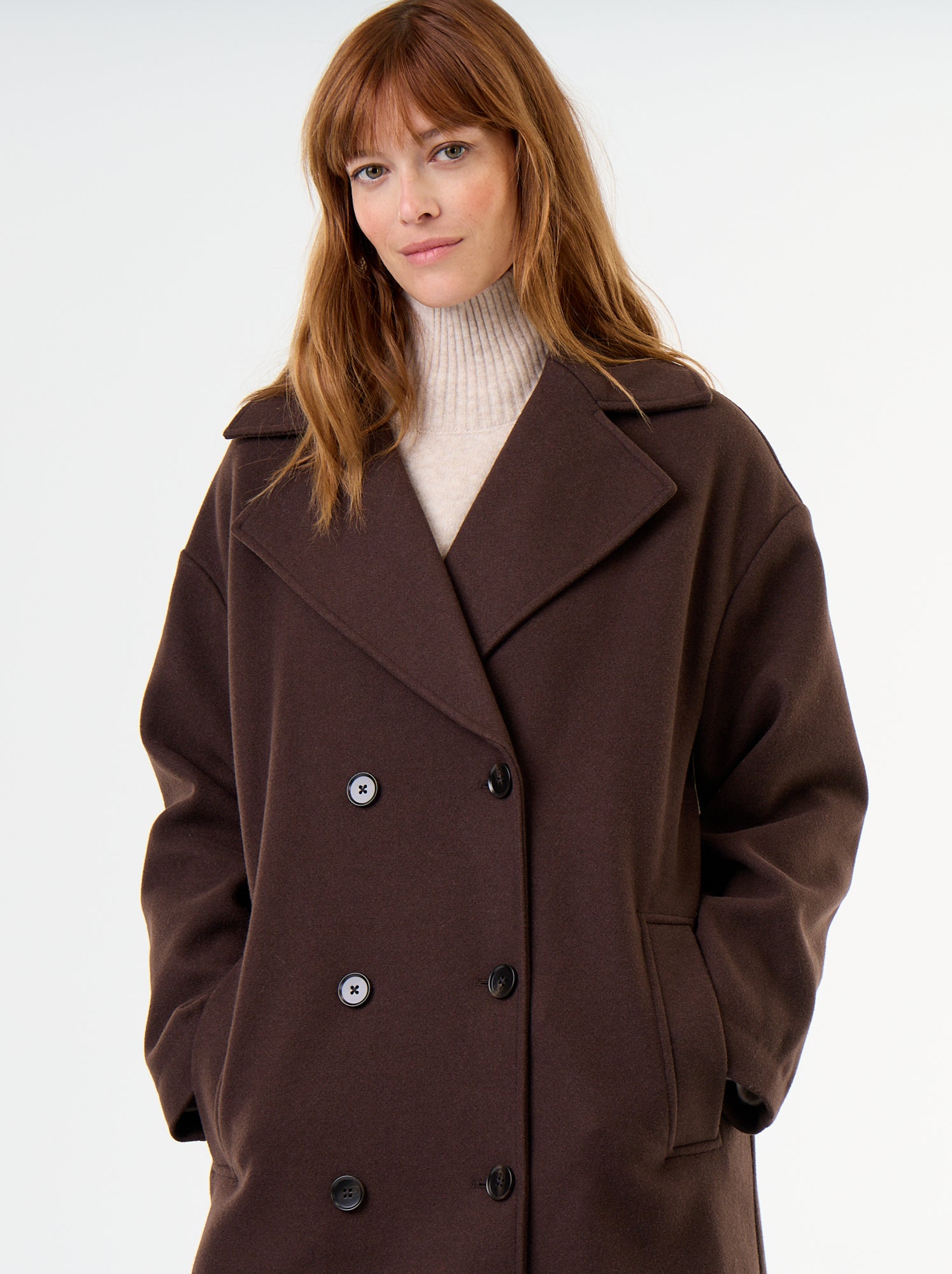 Manteau long effet lainage à col tailleur - Marron