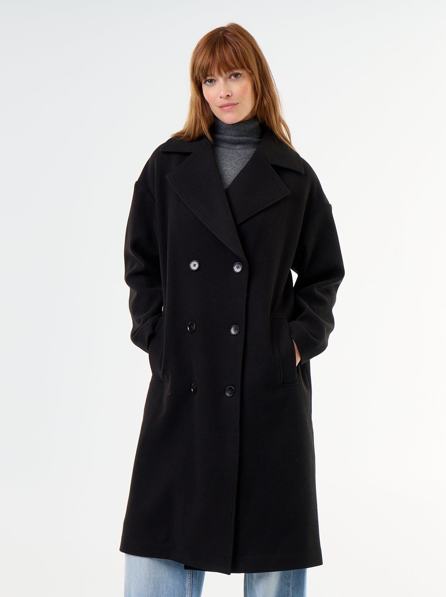 Manteau long effet lainage à col tailleur - Noir