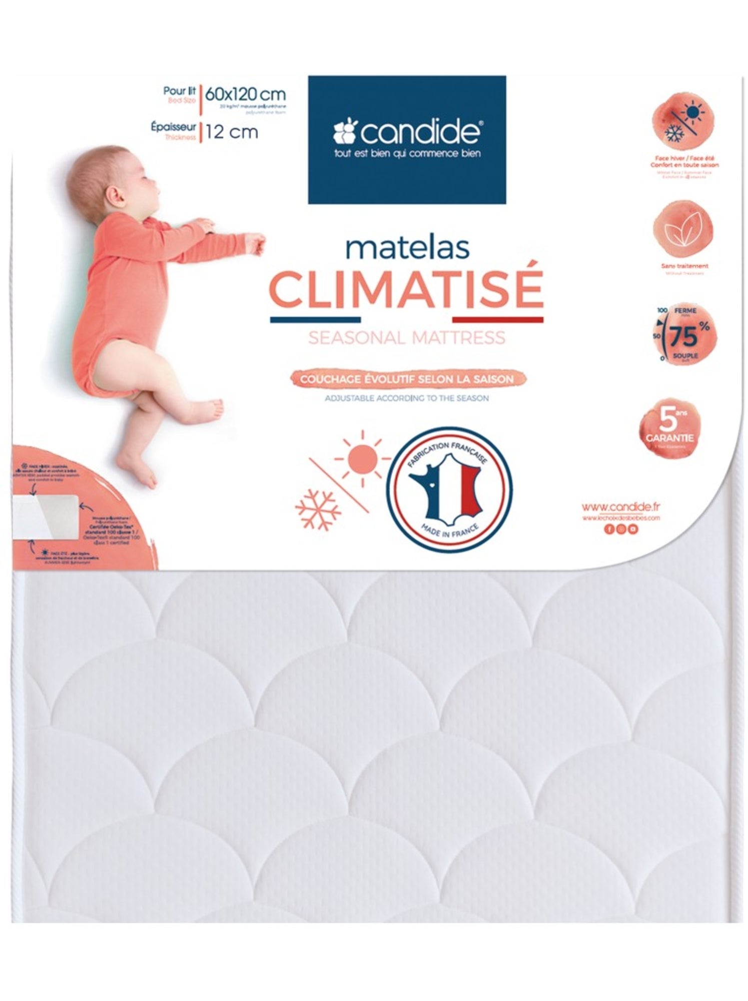 Matelas bébé Climatisé 2 faces - 70 cm x 140 cm x 12 cm - Blanc