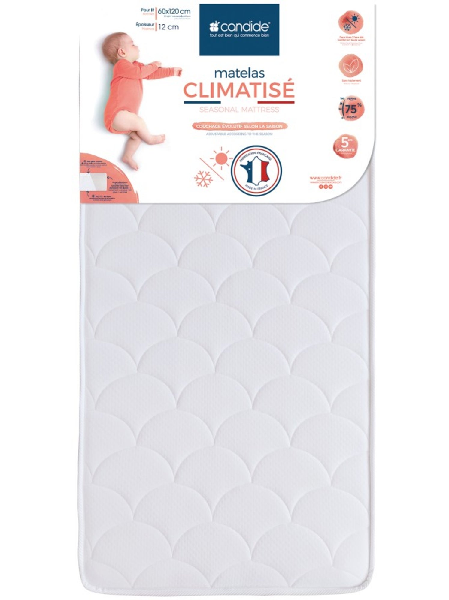 Matelas bébé Climatisé 2 faces - 70 cm x 140 cm x 12 cm - Blanc