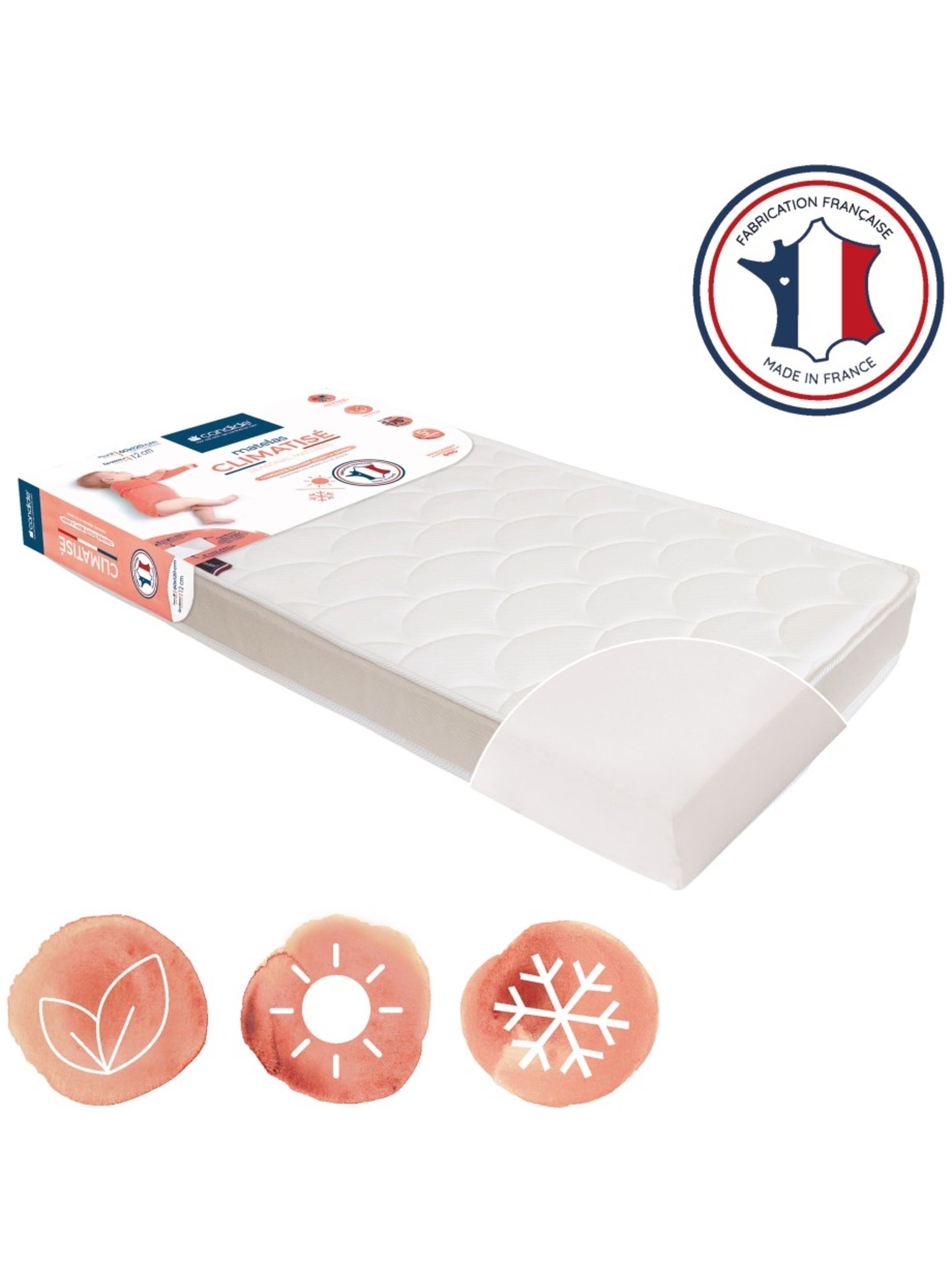 Matelas bébé Climatisé 2 faces - 70 cm x 140 cm x 12 cm - Blanc