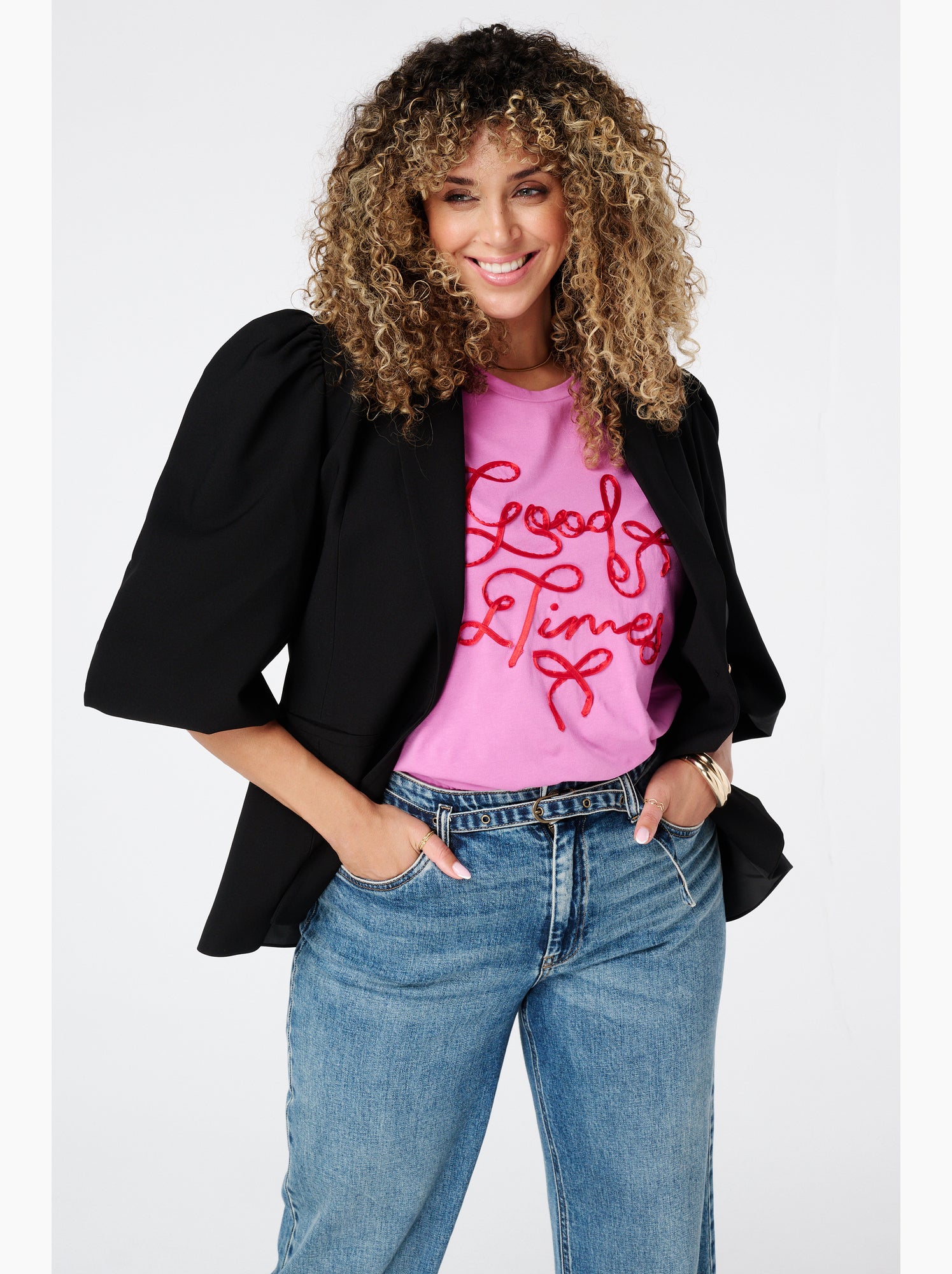 Ms mode blazer à manches bouffantes - Noir