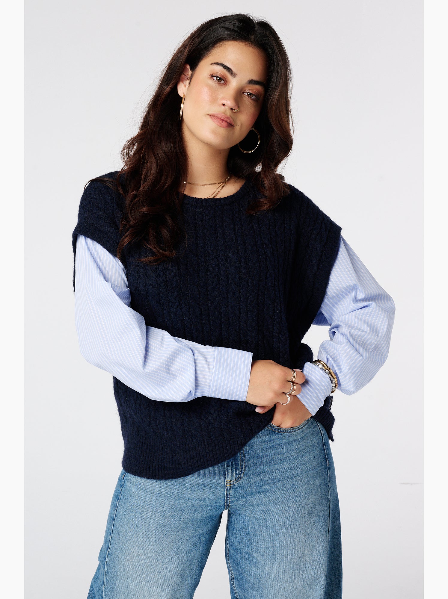 Ms mode pull avec manches de blouse contrastantes - Bleu marine