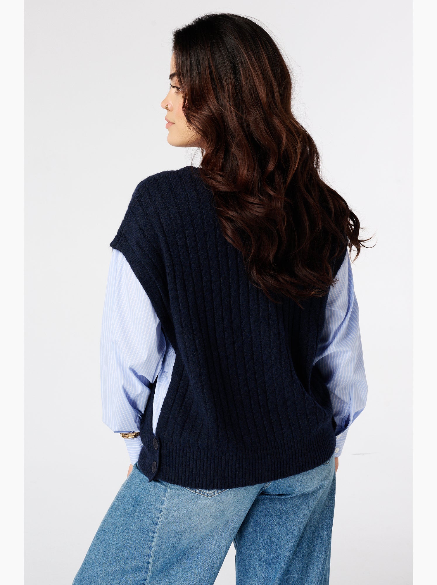 Ms mode pull avec manches de blouse contrastantes - Bleu marine