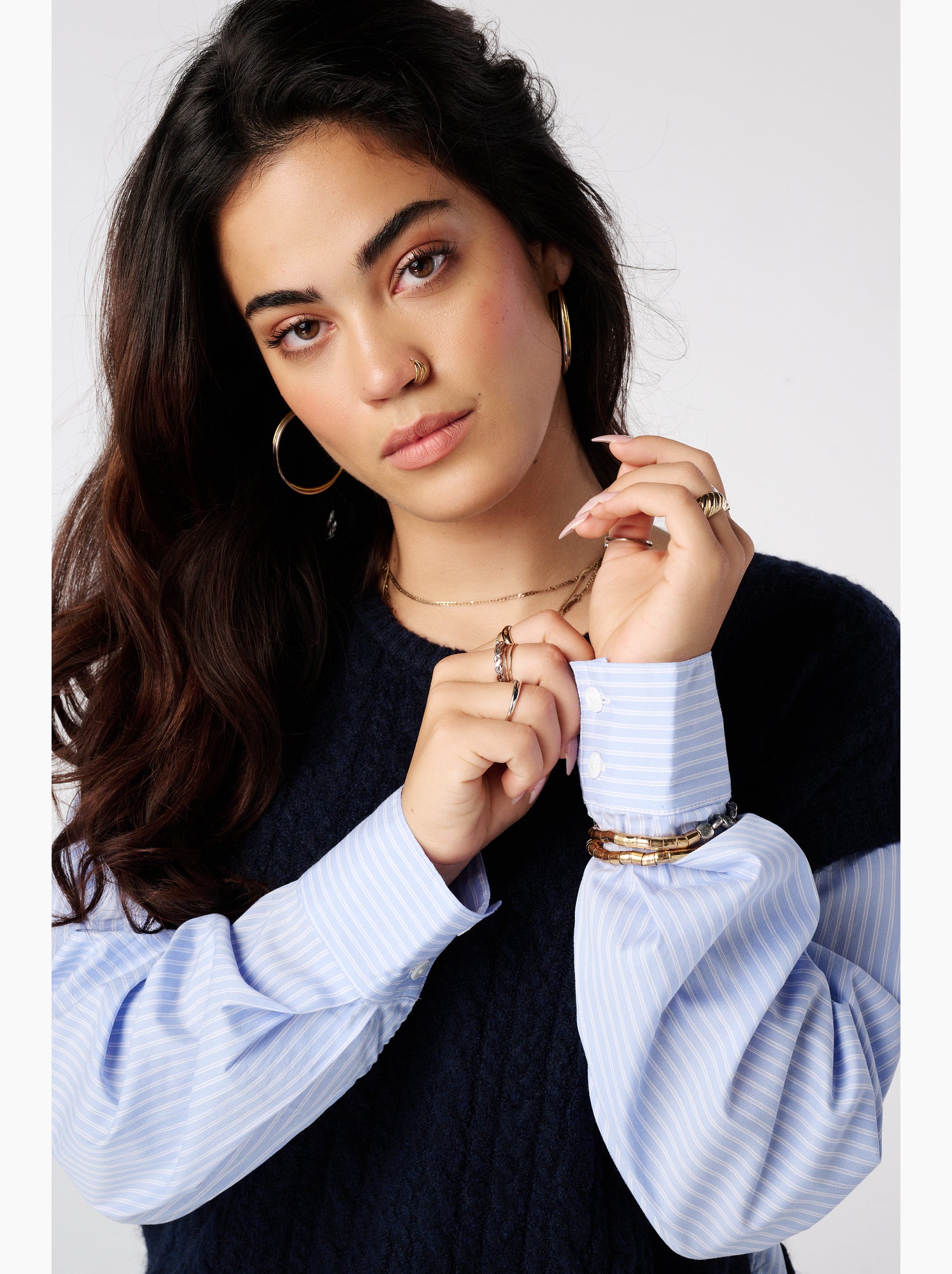 Ms mode pull avec manches de blouse contrastantes - Bleu marine