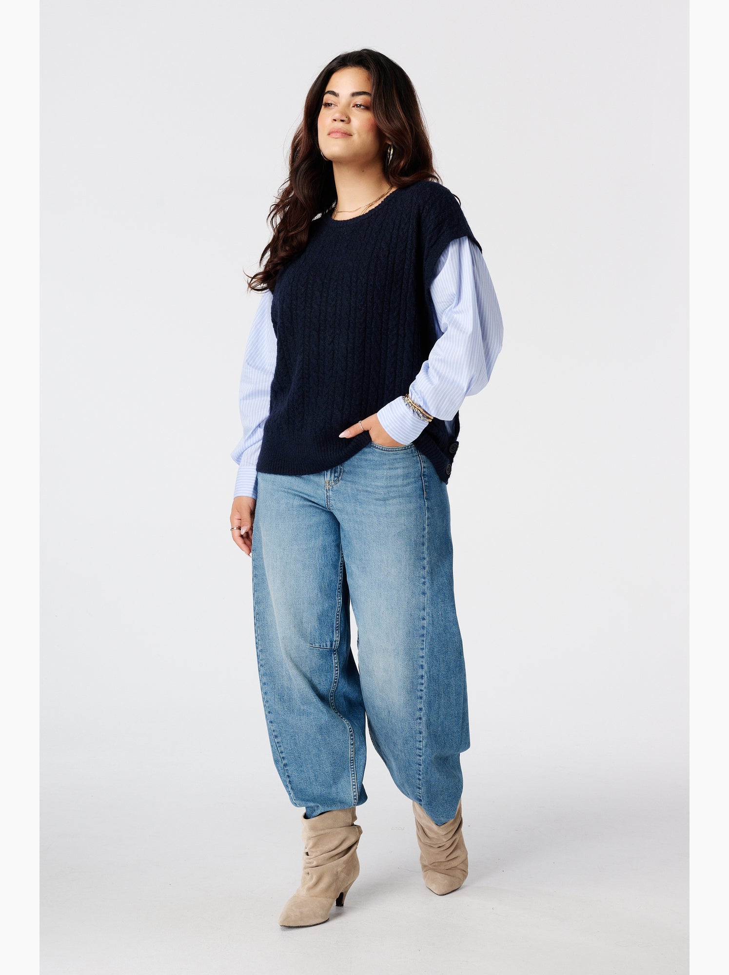 Ms mode pull avec manches de blouse contrastantes - Bleu marine