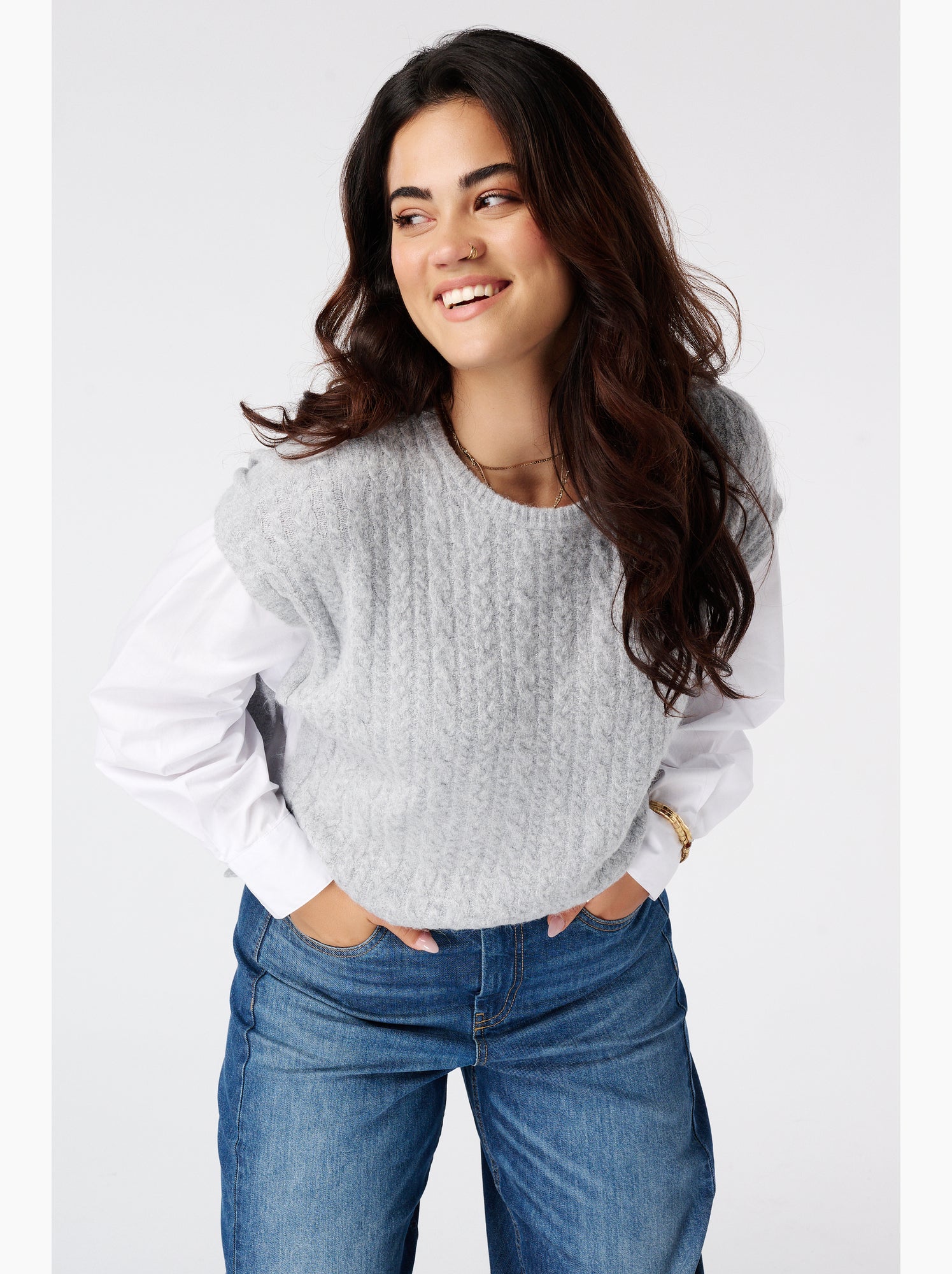 Ms mode pull avec manches de blouse contrastantes - Gris