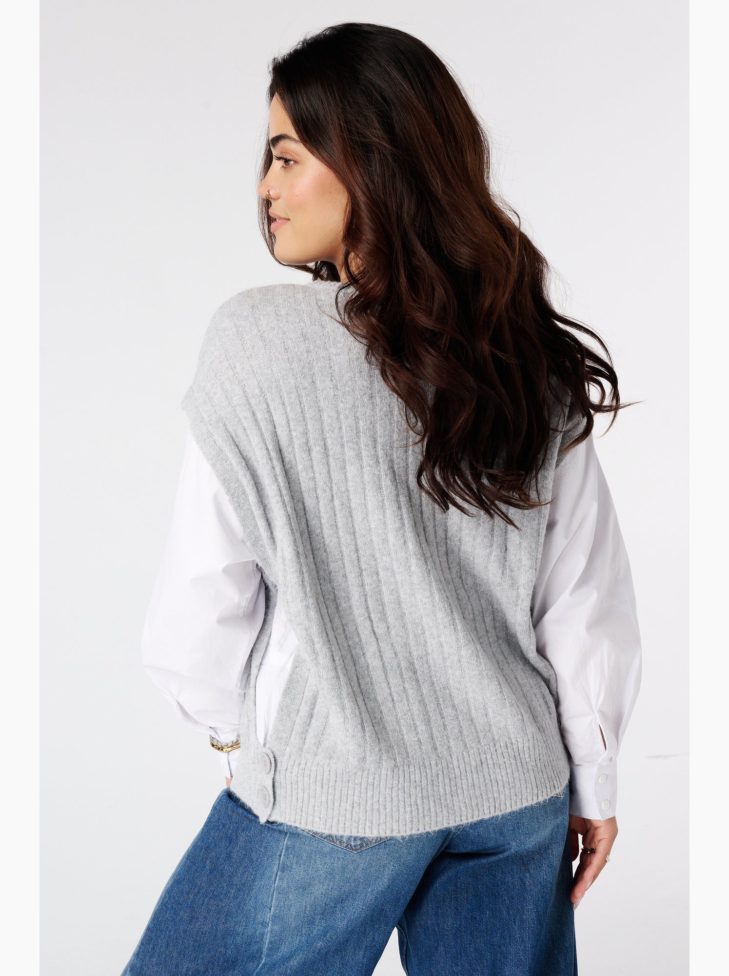 Ms mode pull avec manches de blouse contrastantes - Gris