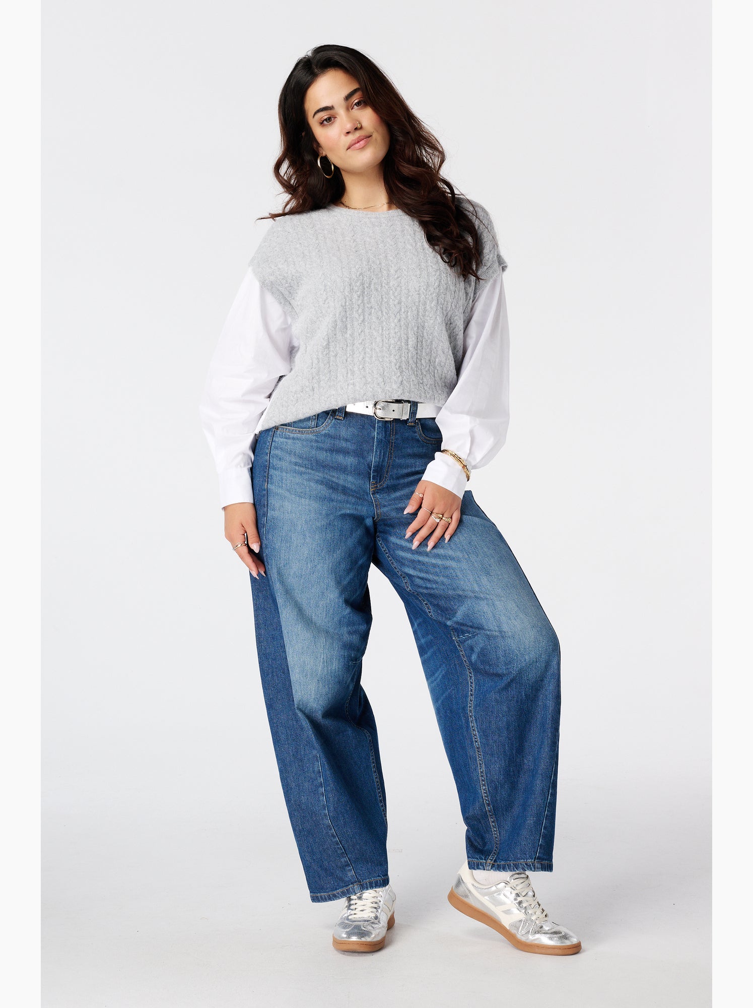 Ms mode pull avec manches de blouse contrastantes - Gris