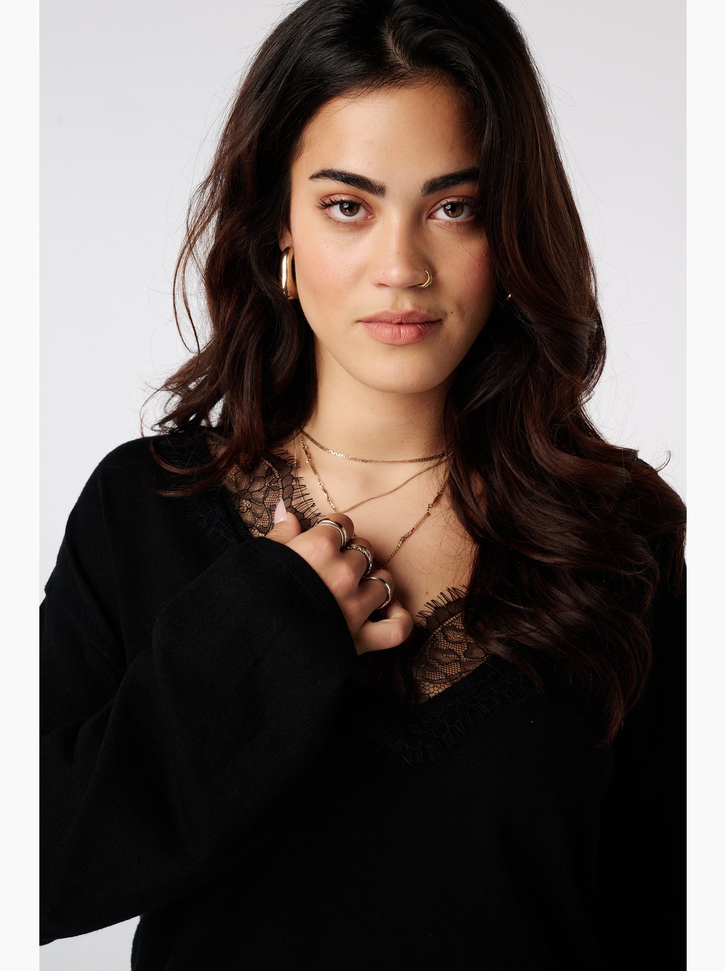 Ms mode pull en maille fine avec dentelle - Noir