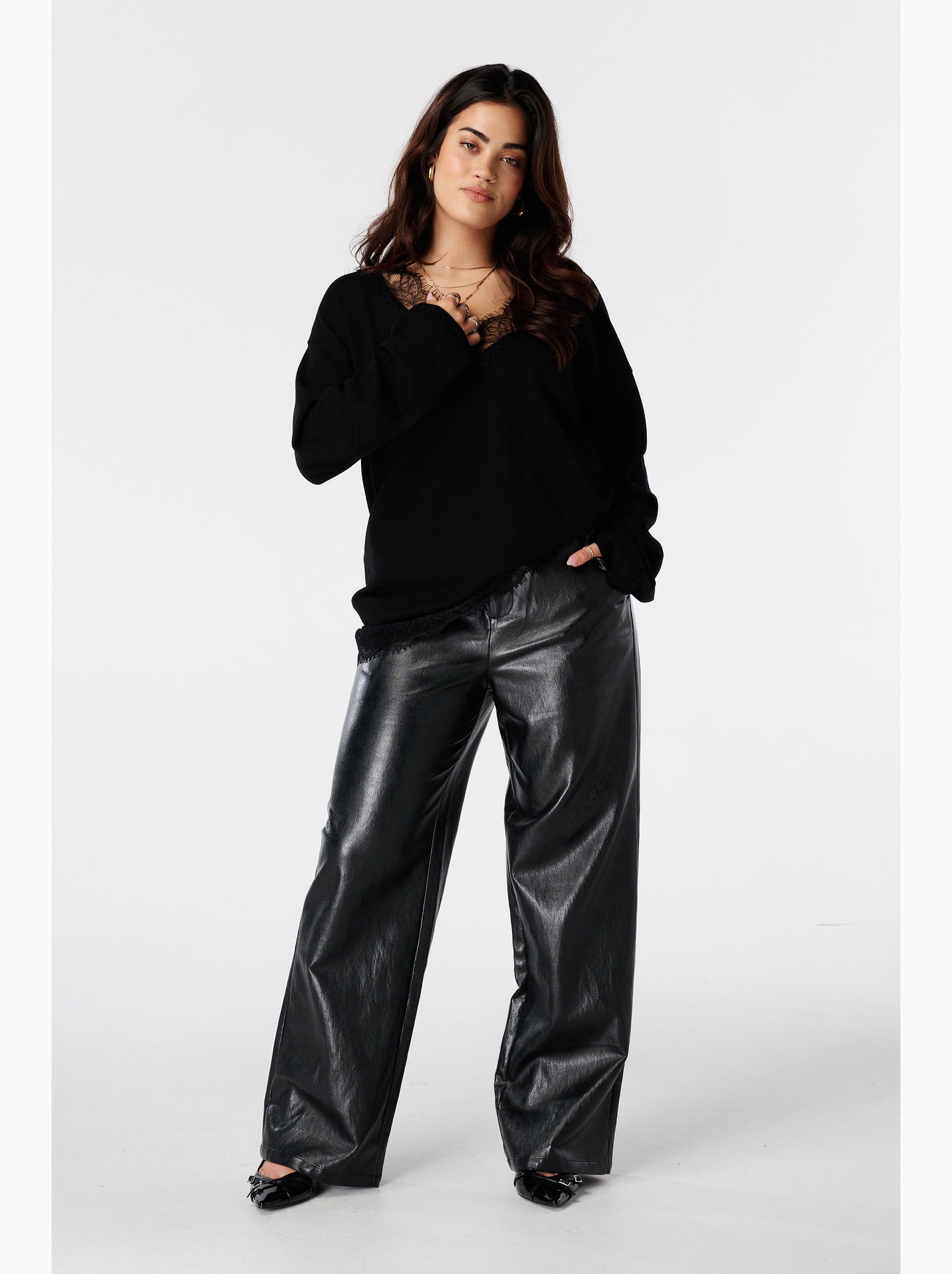 Ms mode pull en maille fine avec dentelle - Noir