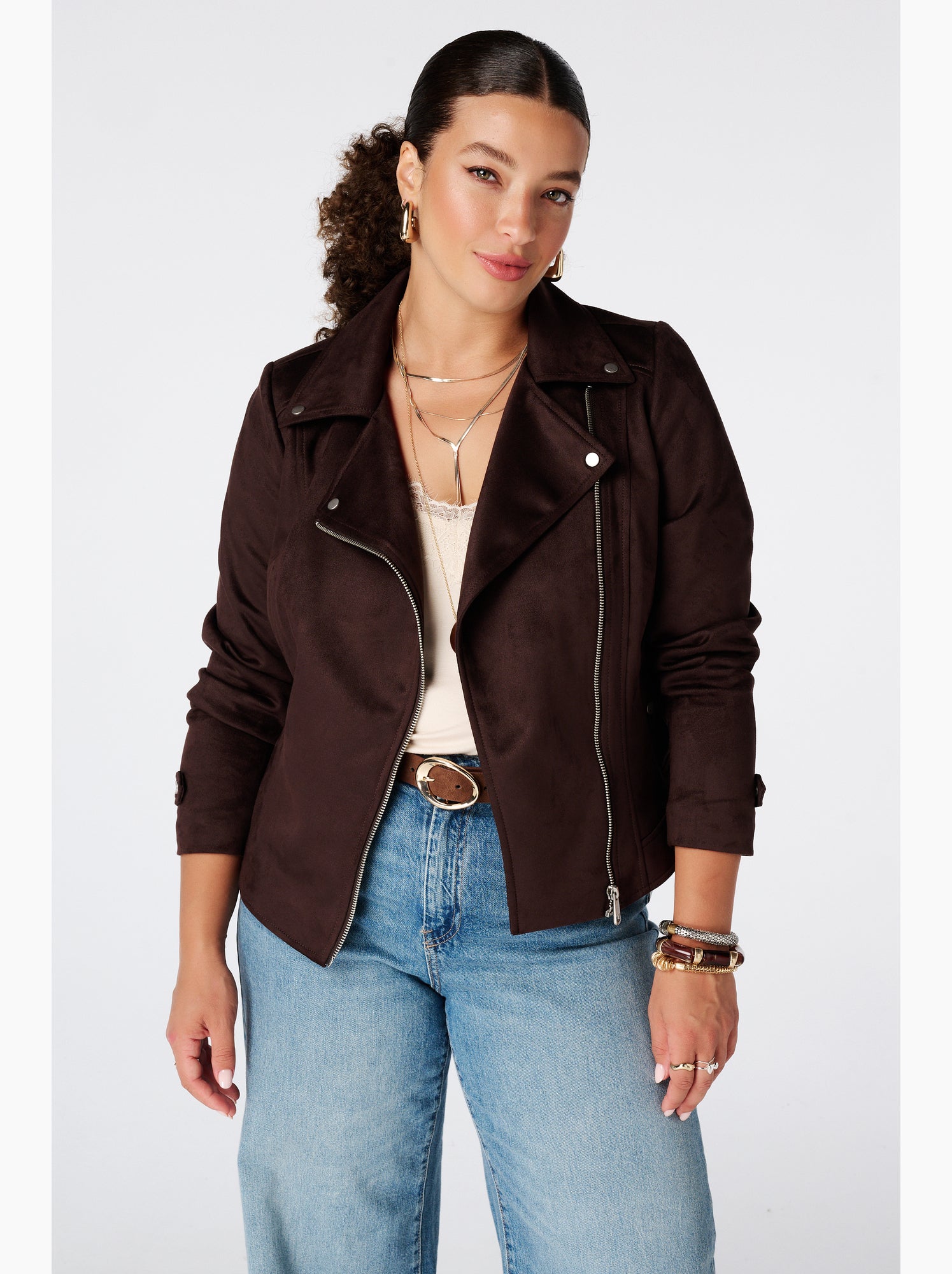 Ms mode veste biker en suédine - Marron foncé