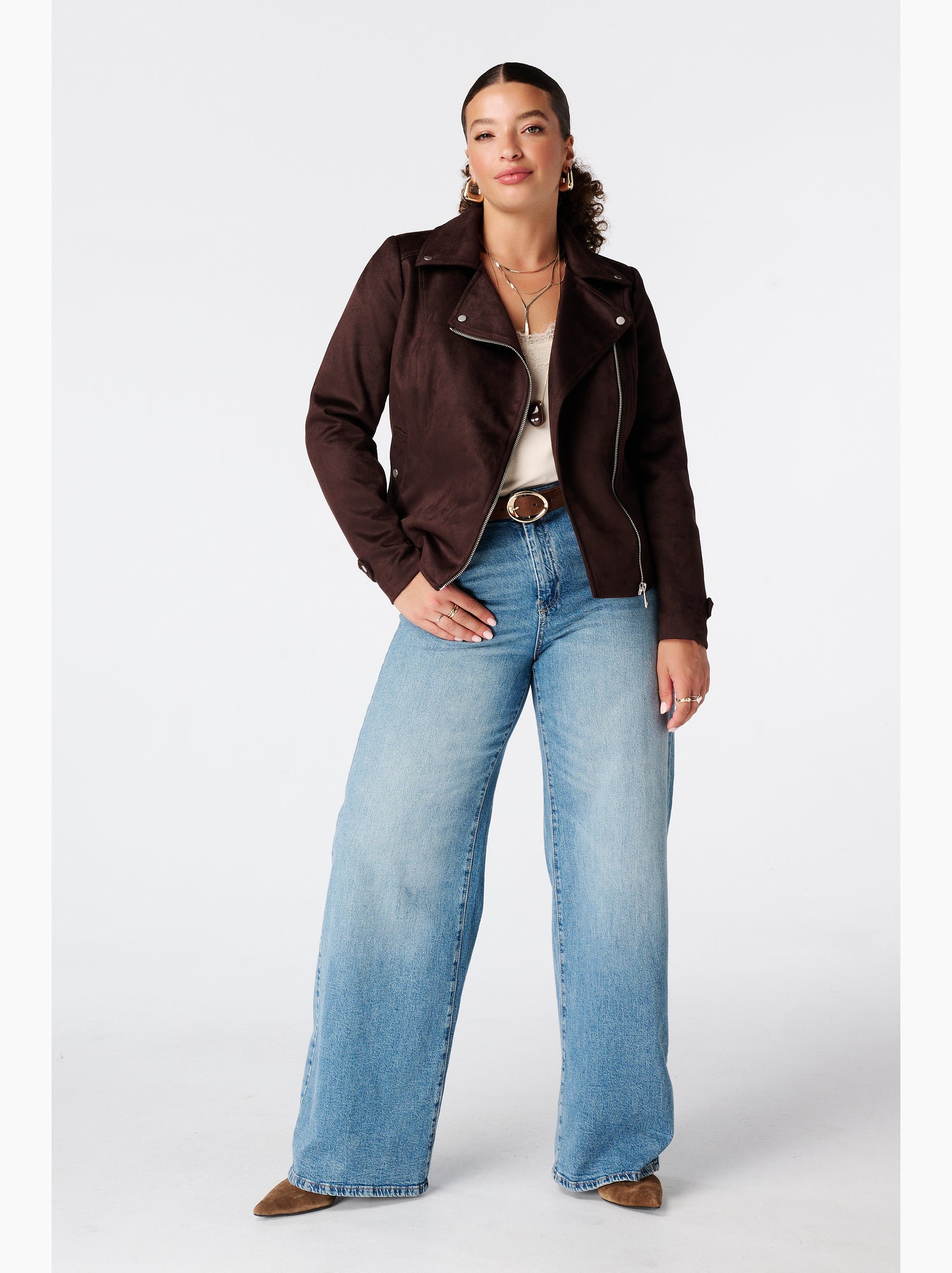Ms mode veste biker en suédine - Marron foncé