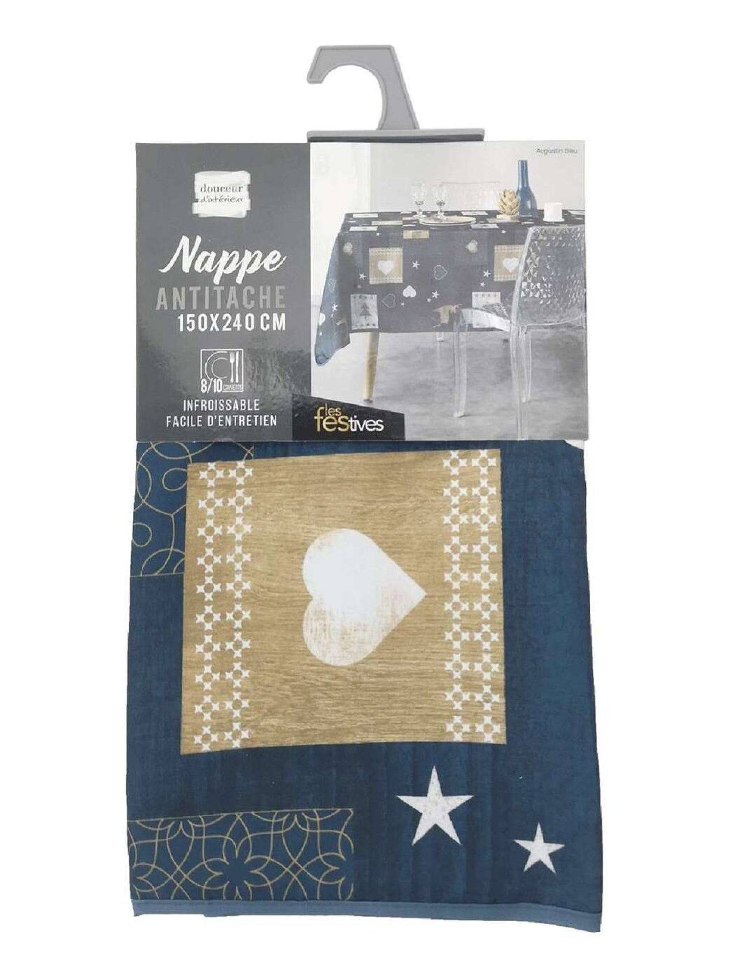 Nappe rectangulaire antitache et infroissable CŒURS - Bleu