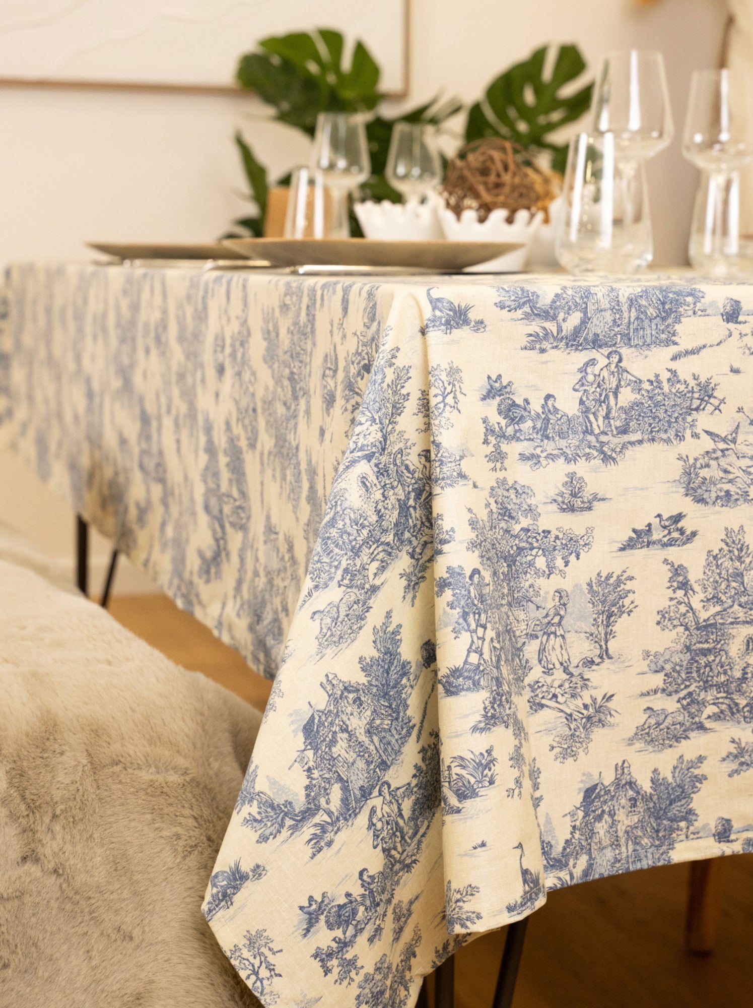 Nappe toile de jouy rectangulaire plastifiée - Bleu