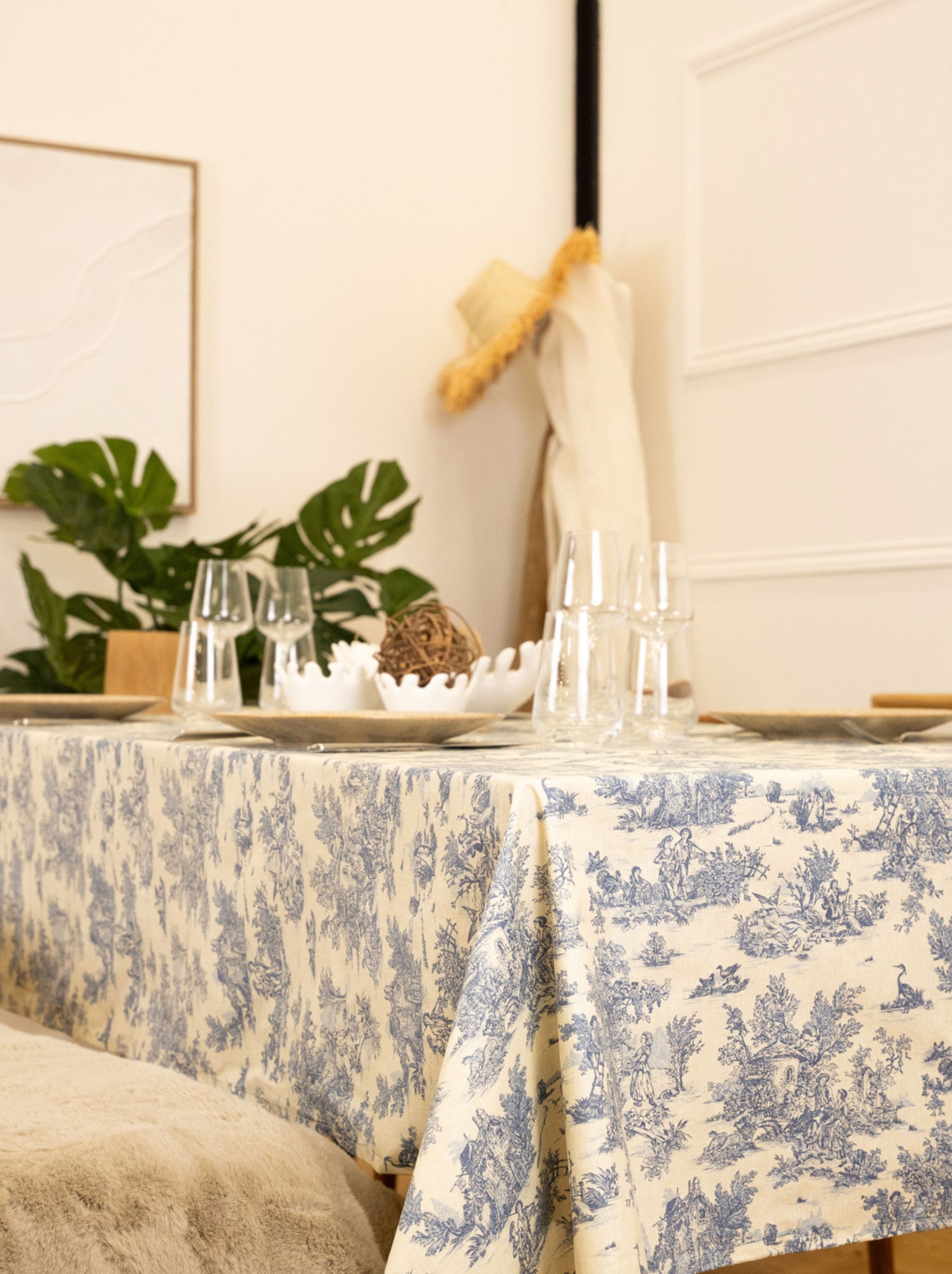 Nappe toile de jouy rectangulaire plastifiée - Bleu