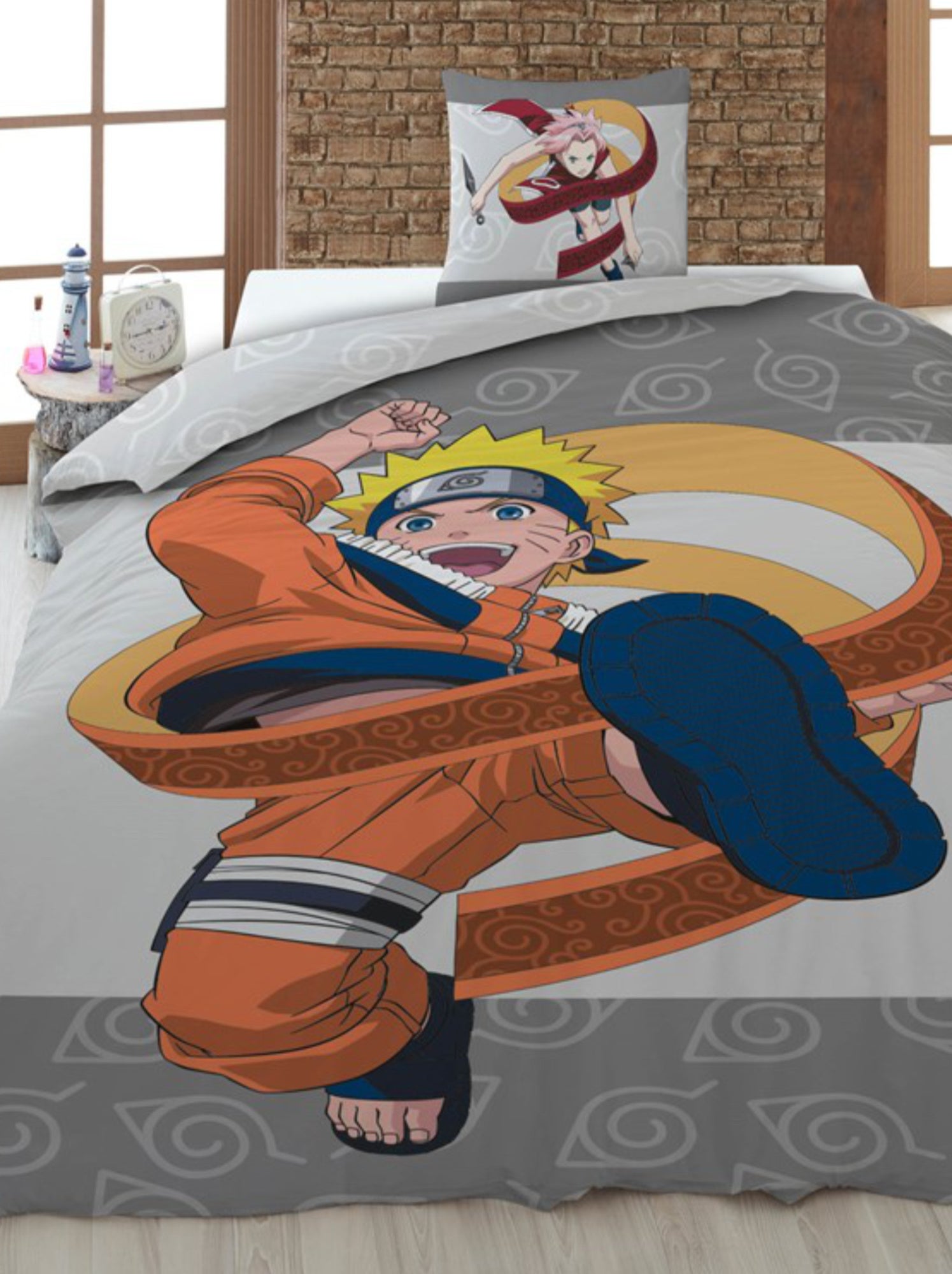 Naruto, Parure de Lit Enfant Imprimée Réversible 100% Coton, KICK - Gris