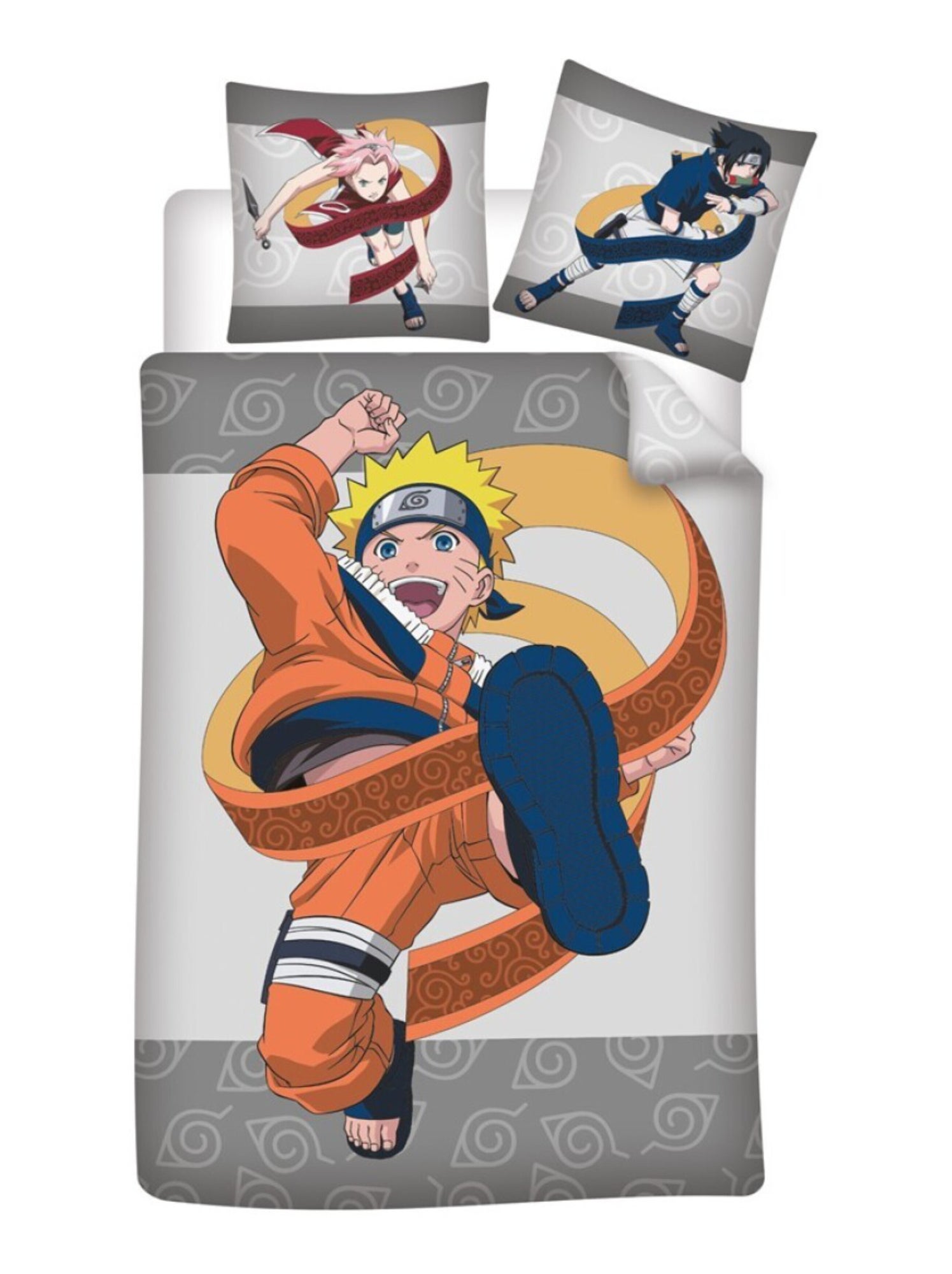 Naruto, Parure de Lit Enfant Imprimée Réversible 100% Coton, KICK - Gris