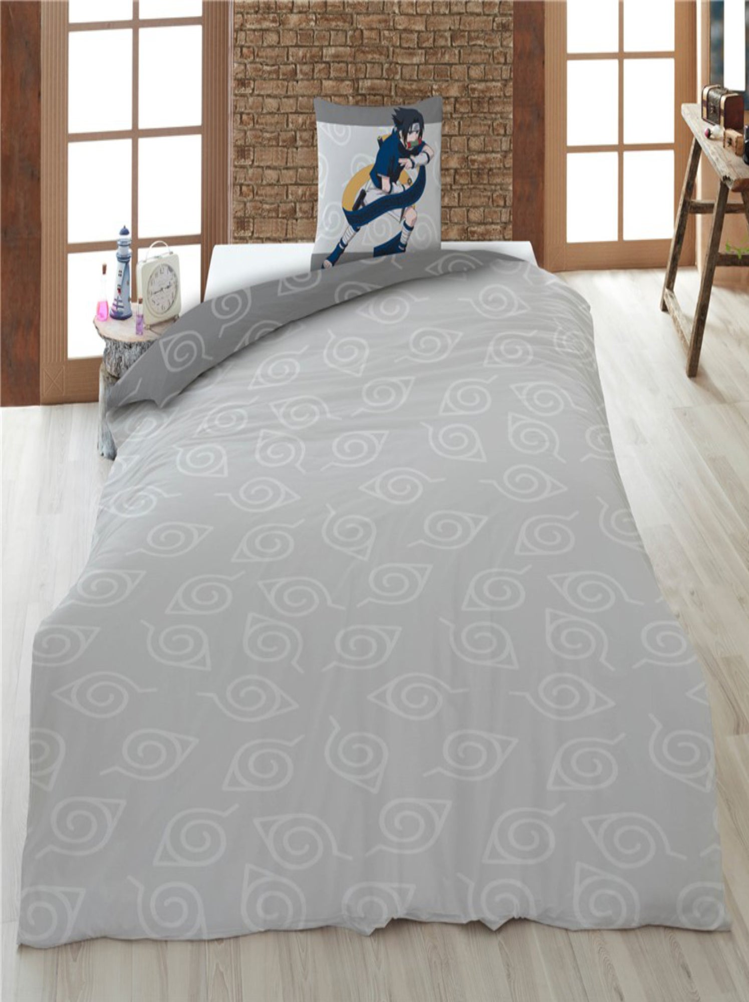 Naruto, Parure de Lit Enfant Imprimée Réversible 100% Coton, KICK - Gris