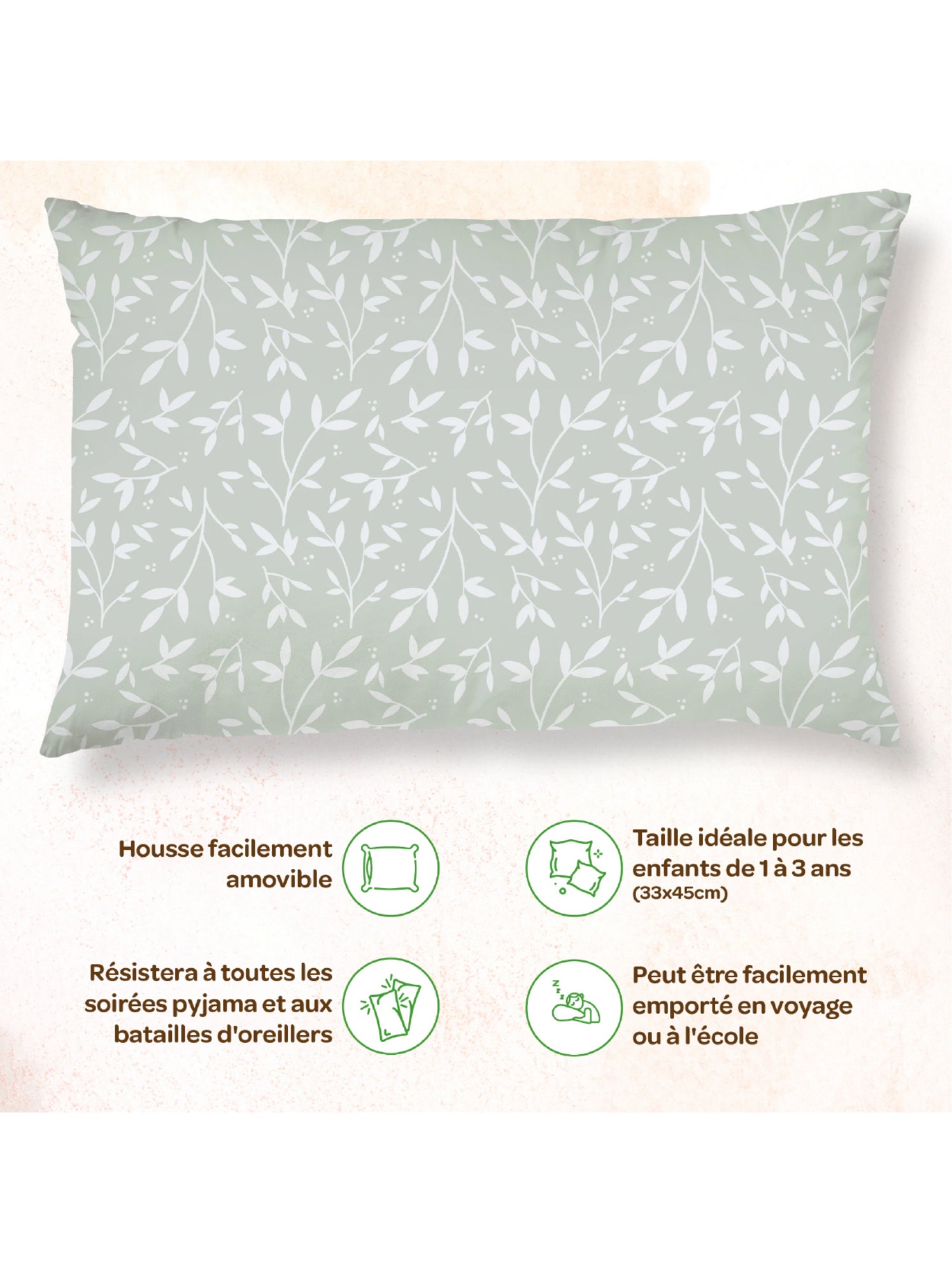 Oreiller avec taie inclus - Coton OEKO-TEX | SUPERBE BEBE - Blanc Vert