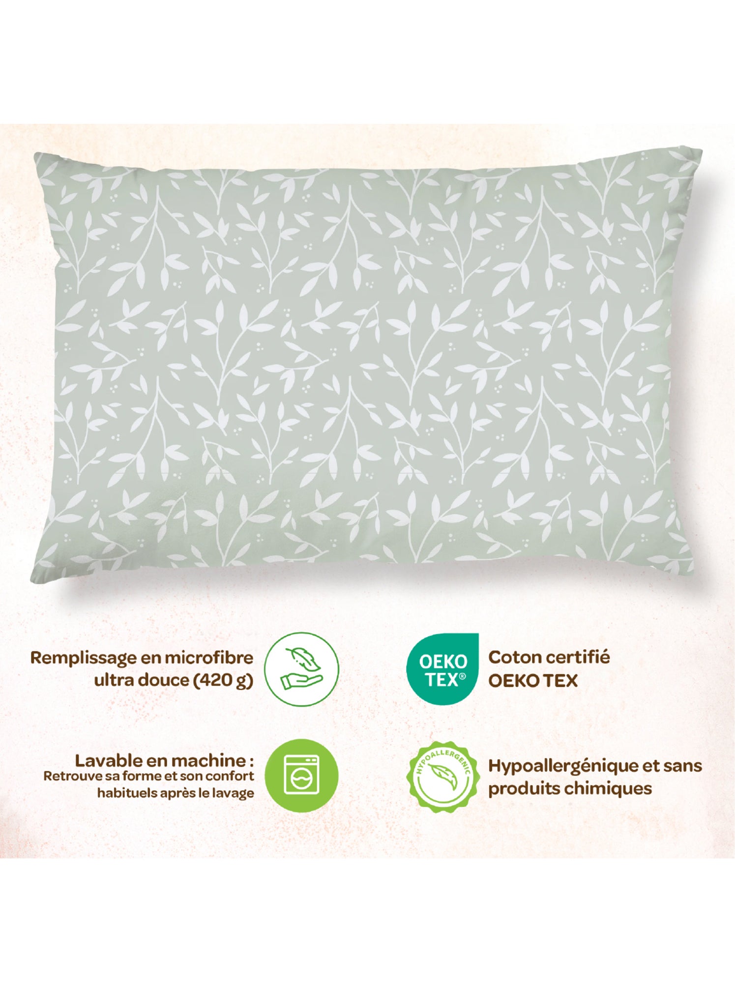 Oreiller avec taie inclus - Coton OEKO-TEX | SUPERBE BEBE - Blanc Vert