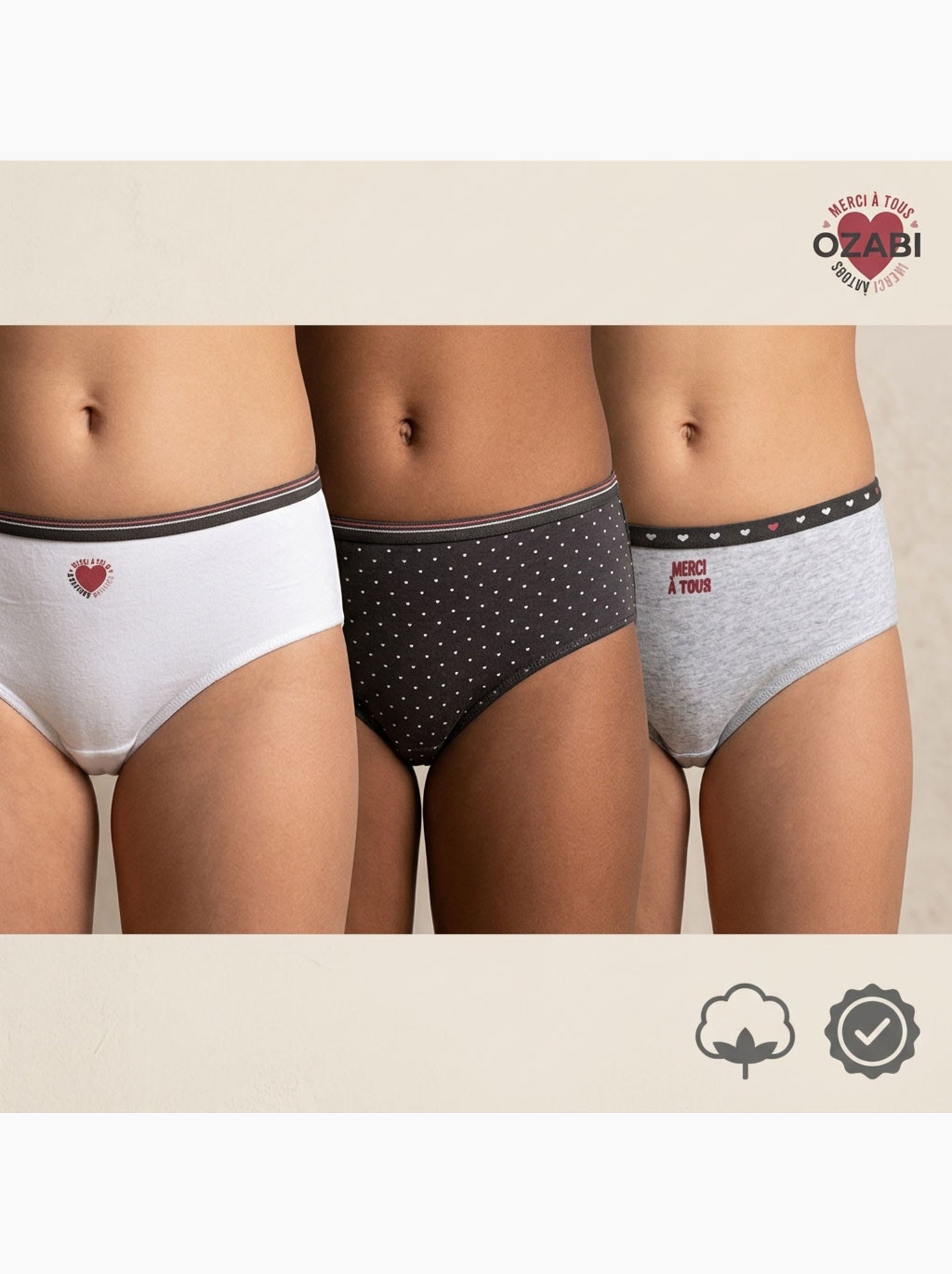 OZABI Pack Culottes Fille Coton - Lot de 6 - Gris Noir Blanc