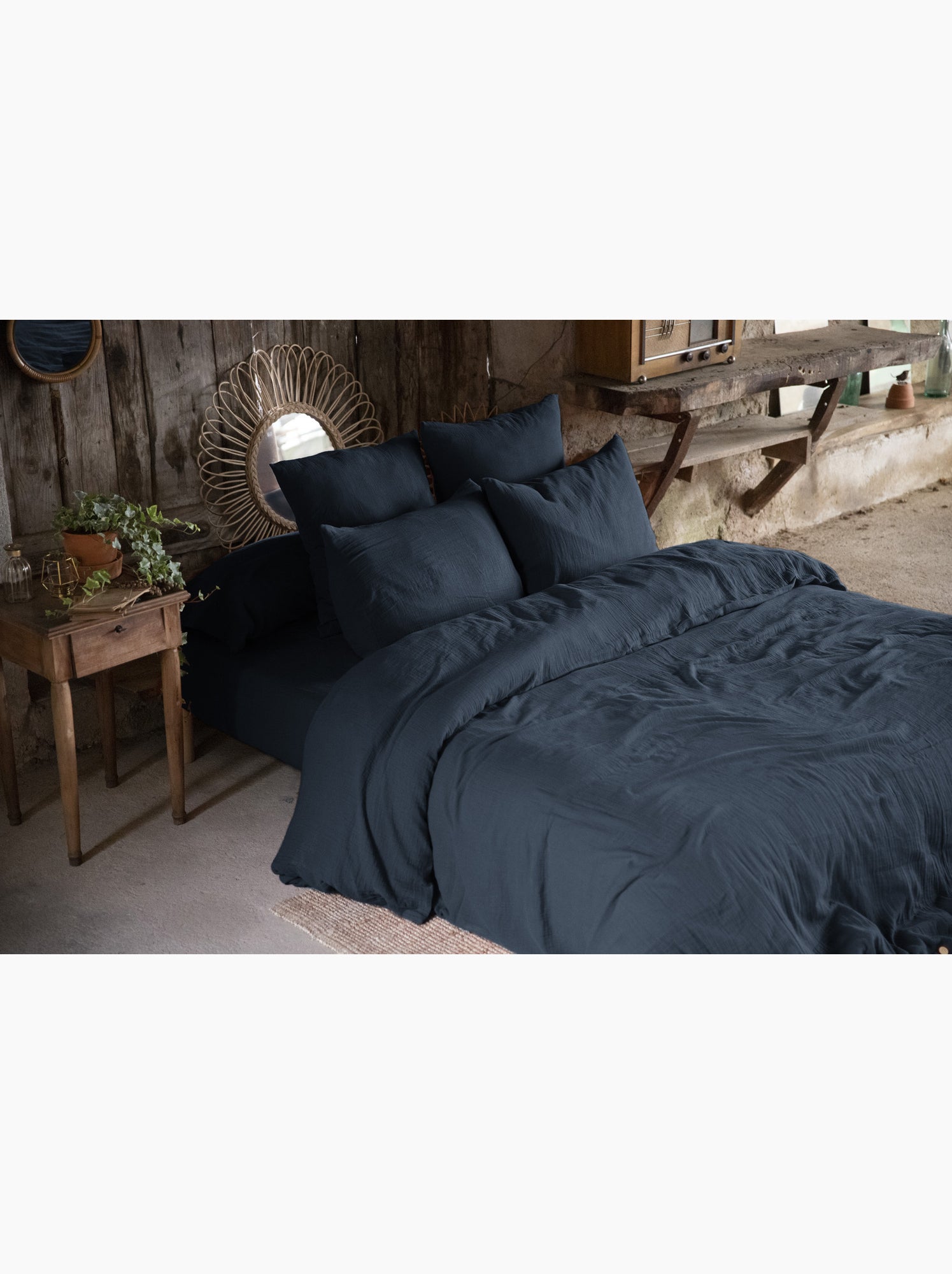 Pack gaze de coton — parure de couette + drap housse + 2 taies - Bleu foncé