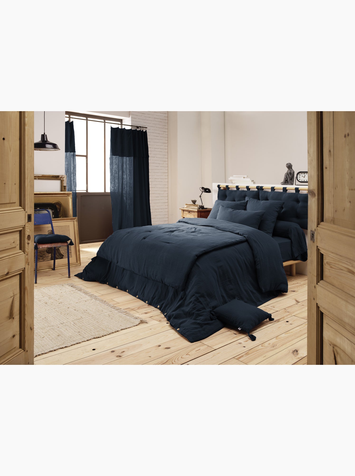 Pack gaze de coton — parure de couette + drap housse + 2 taies - Bleu foncé