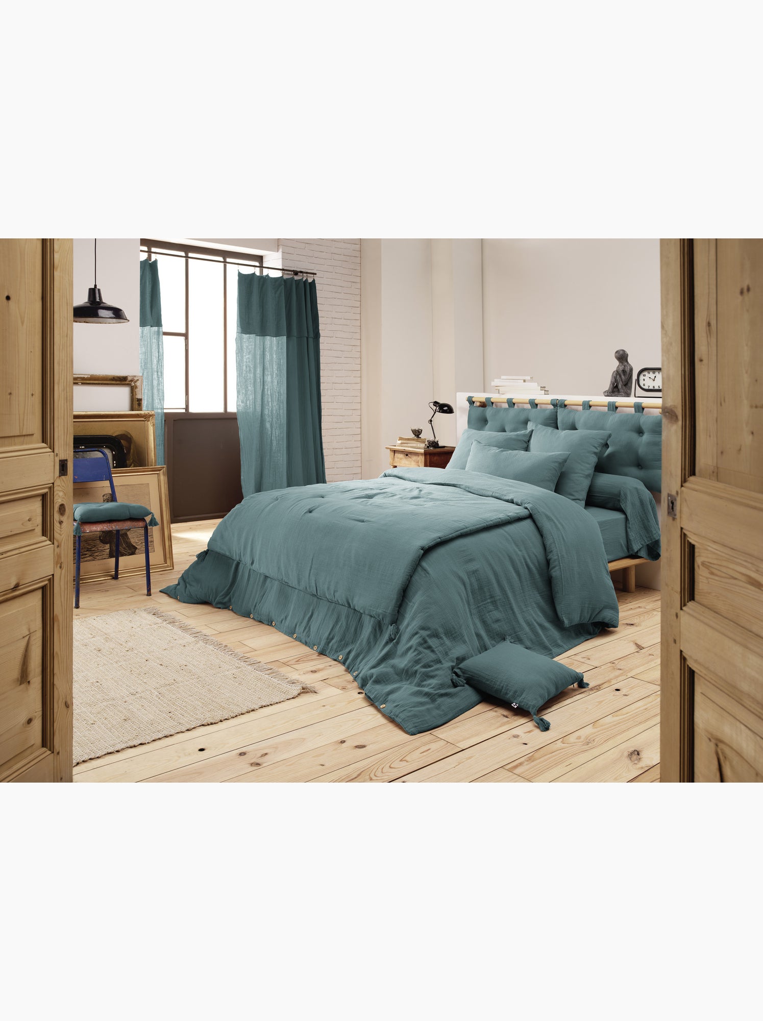 Pack gaze de coton — parure de couette + drap housse + 2 taies - Bleu