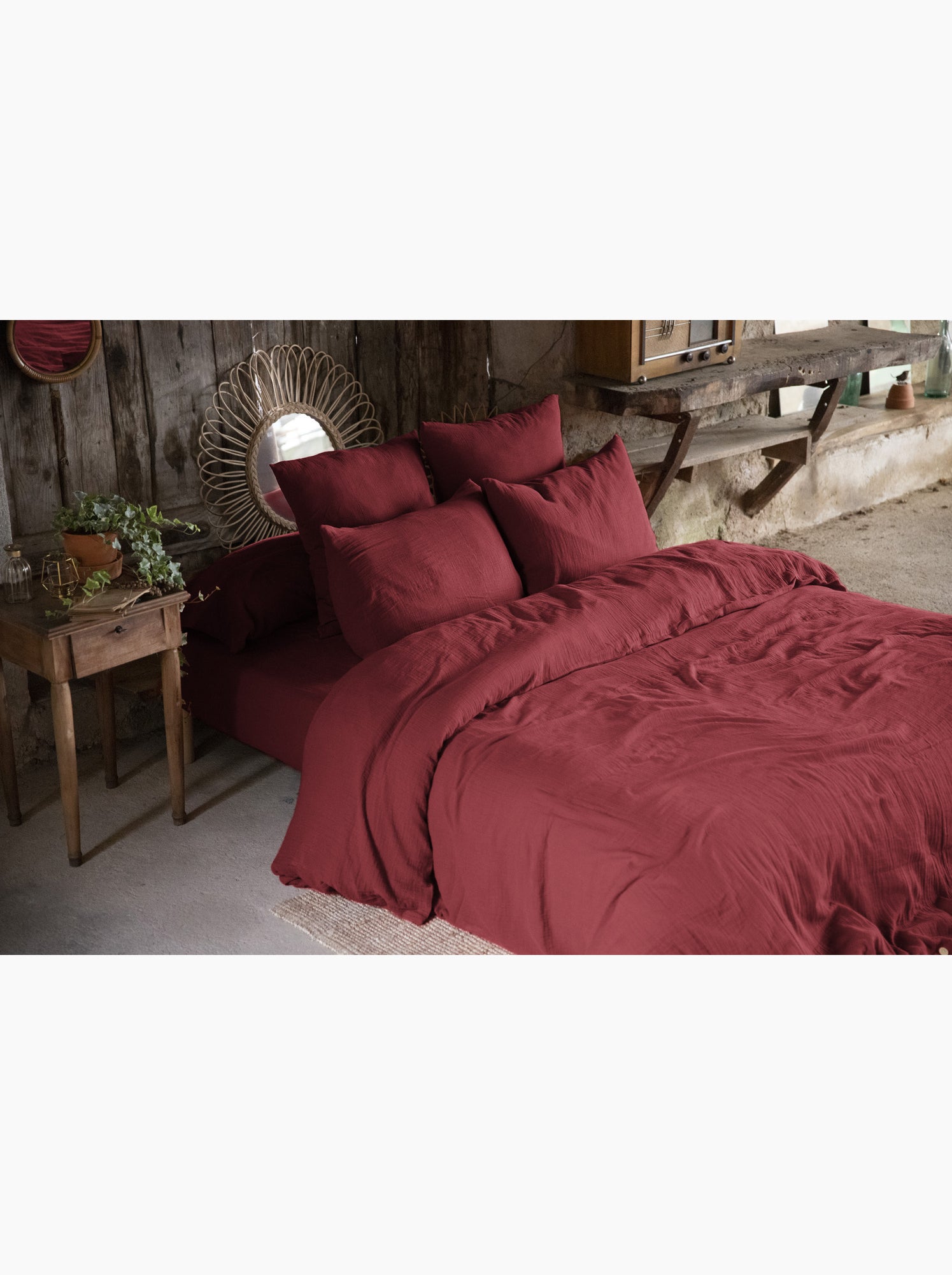 Pack gaze de coton — parure de couette + drap housse + 2 taies - Bordeaux