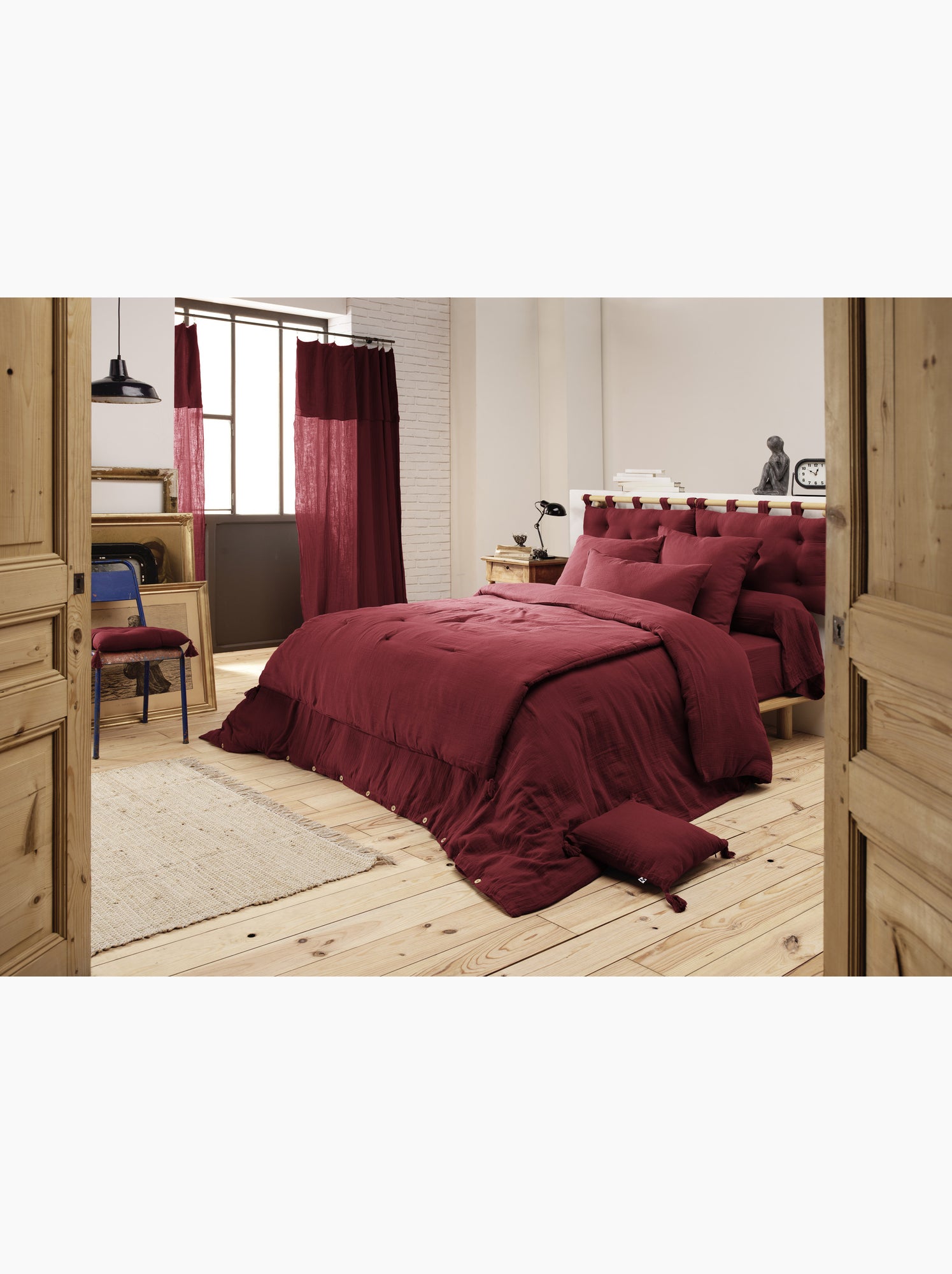 Pack gaze de coton — parure de couette + drap housse + 2 taies - Bordeaux