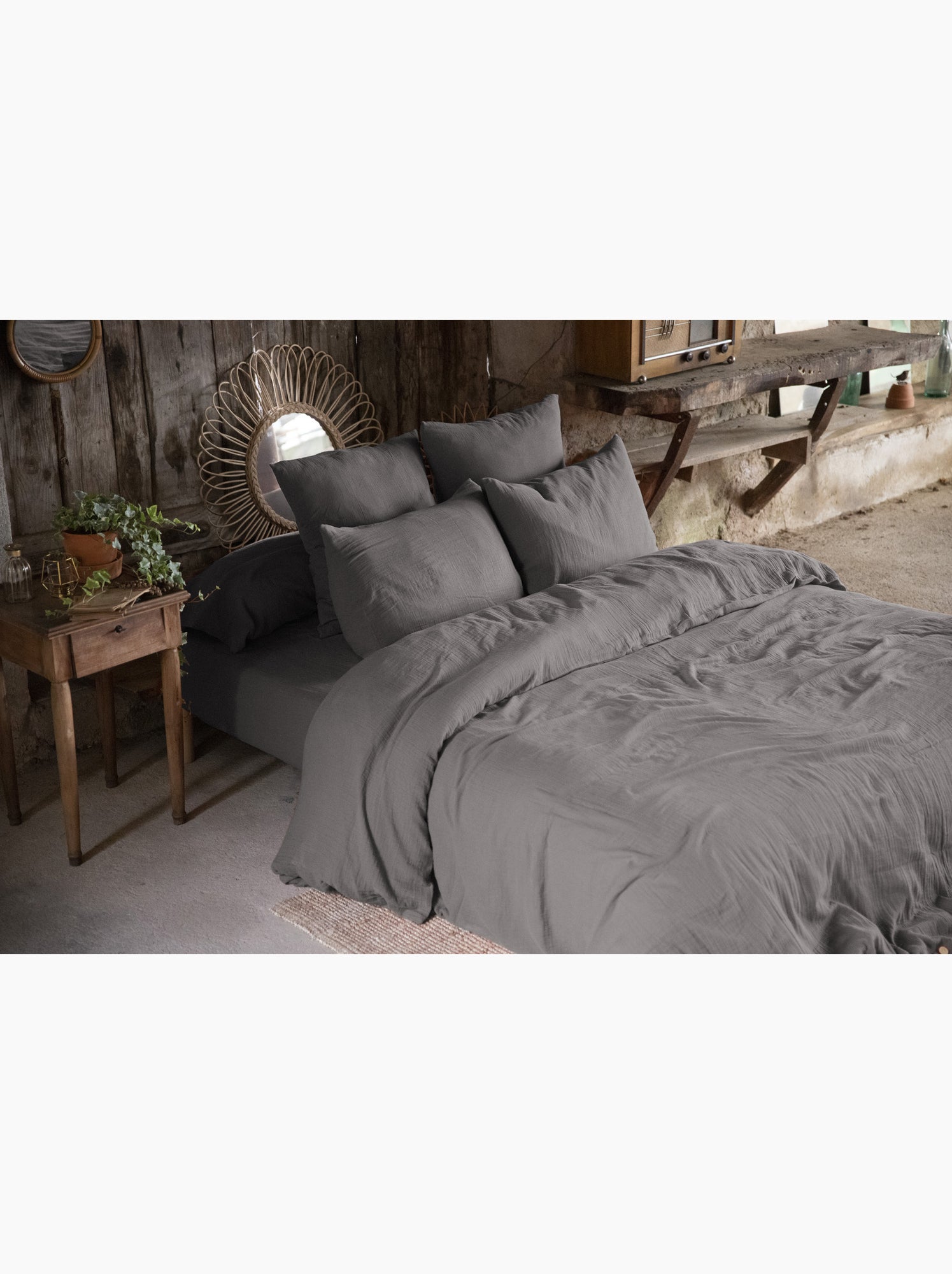 Pack gaze de coton — parure de couette + drap housse + 2 taies - Gris Granit