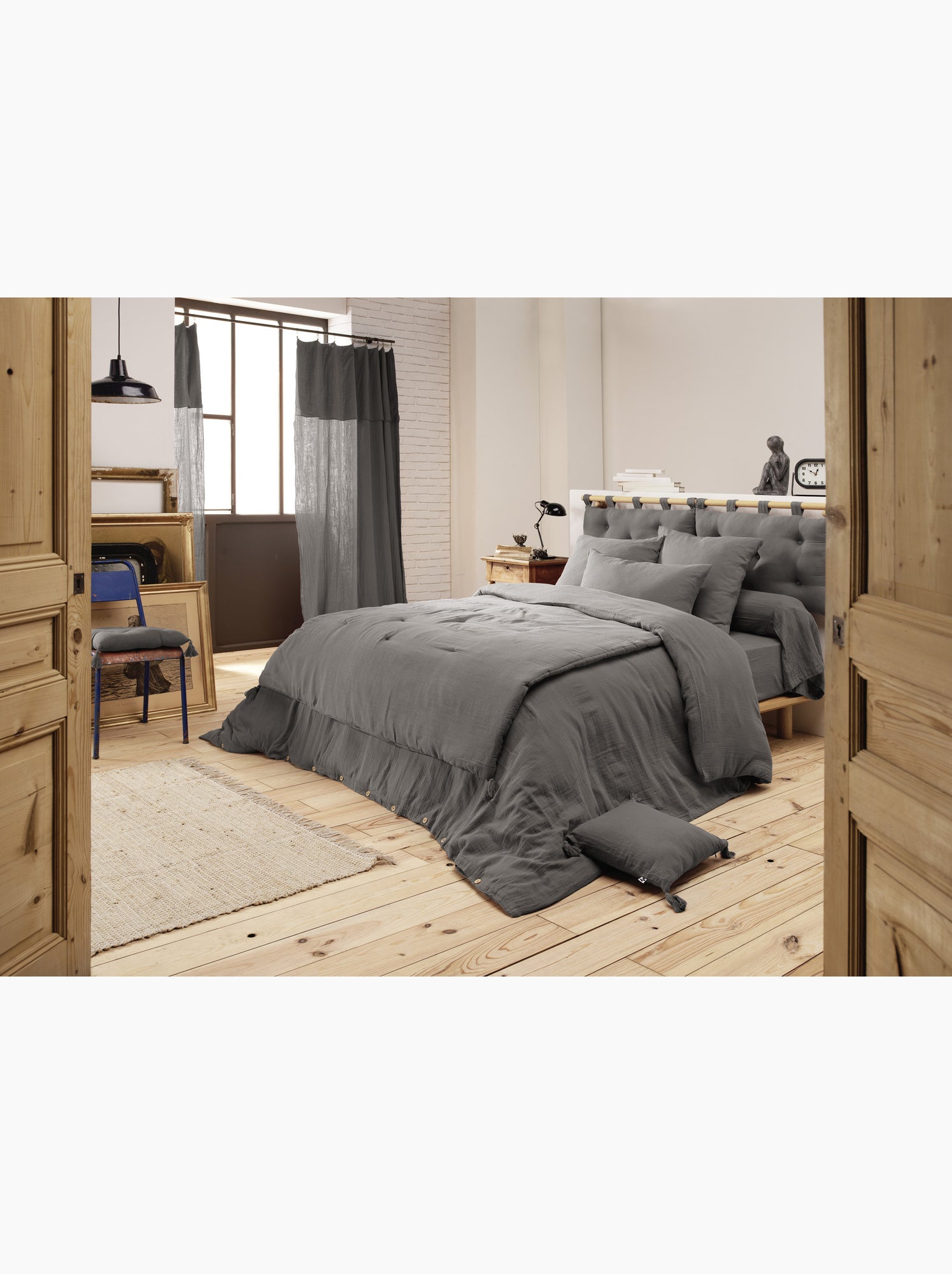 Pack gaze de coton — parure de couette + drap housse + 2 taies - Gris Granit