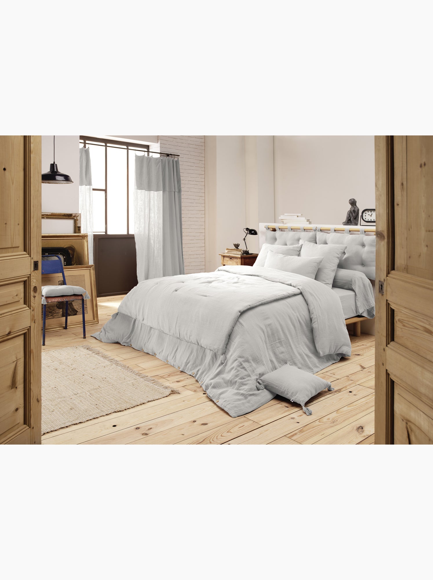 Pack gaze de coton — parure de couette + drap housse + 2 taies - Gris nuage