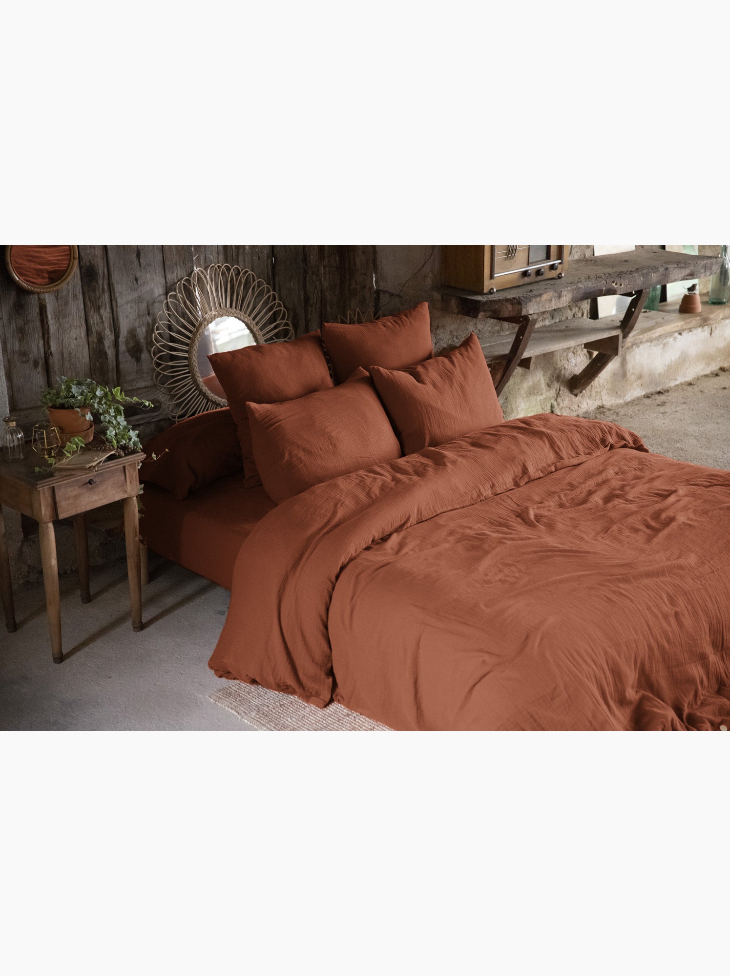 Pack gaze de coton — parure de couette + drap housse + 2 taies - Terracotta
