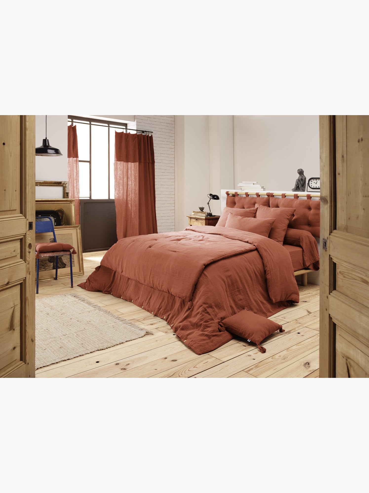 Pack gaze de coton — parure de couette + drap housse + 2 taies - Terracotta
